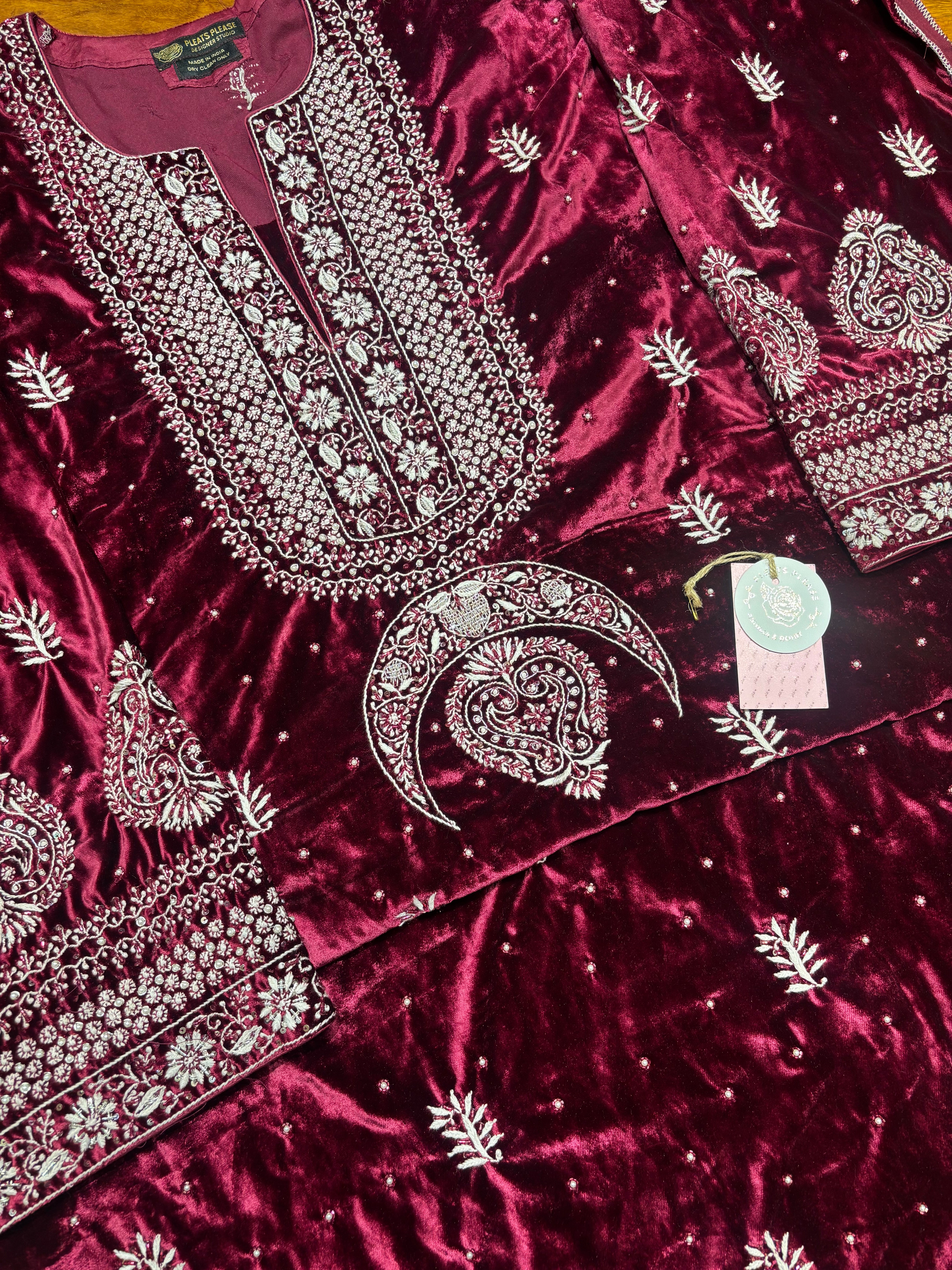 Plum Pure Velvet Chikankari Kurta And Dupatta Set