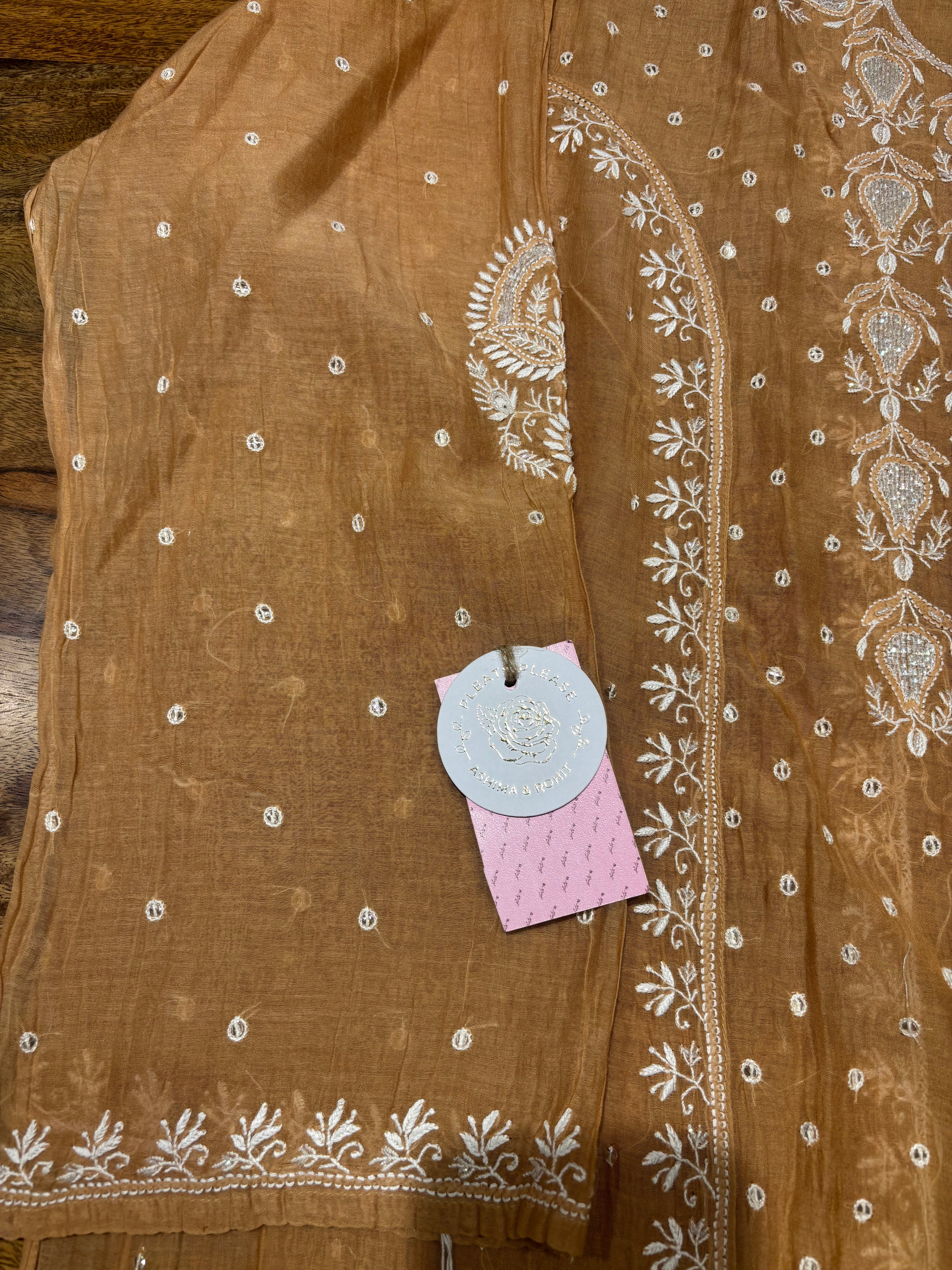 Chocolate Brown Chanderi Mul Chikankari Kurta & Dupatta Set
