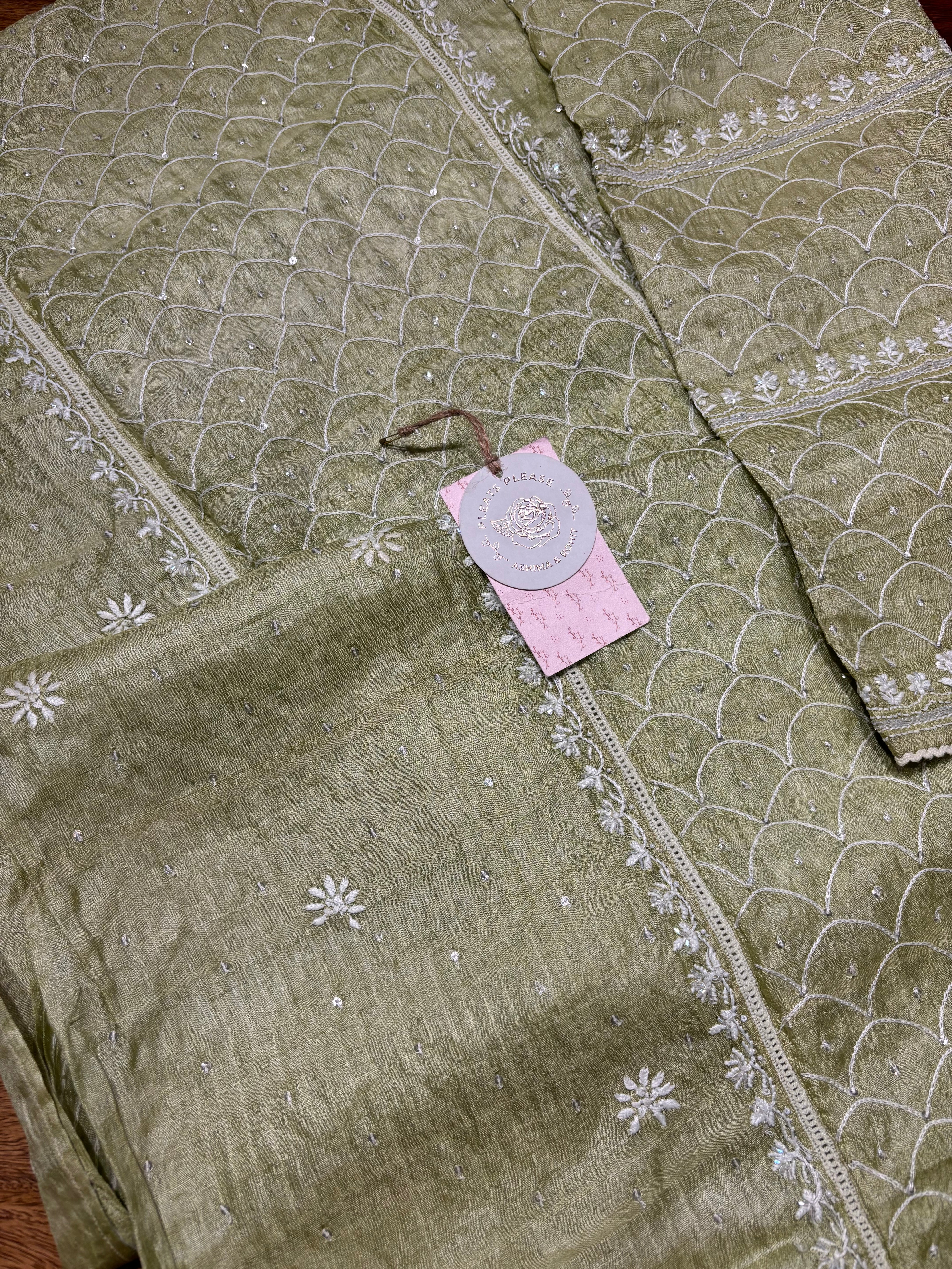 Sage Green Tussar Silk Chikankari Kurta And Dupatta Set