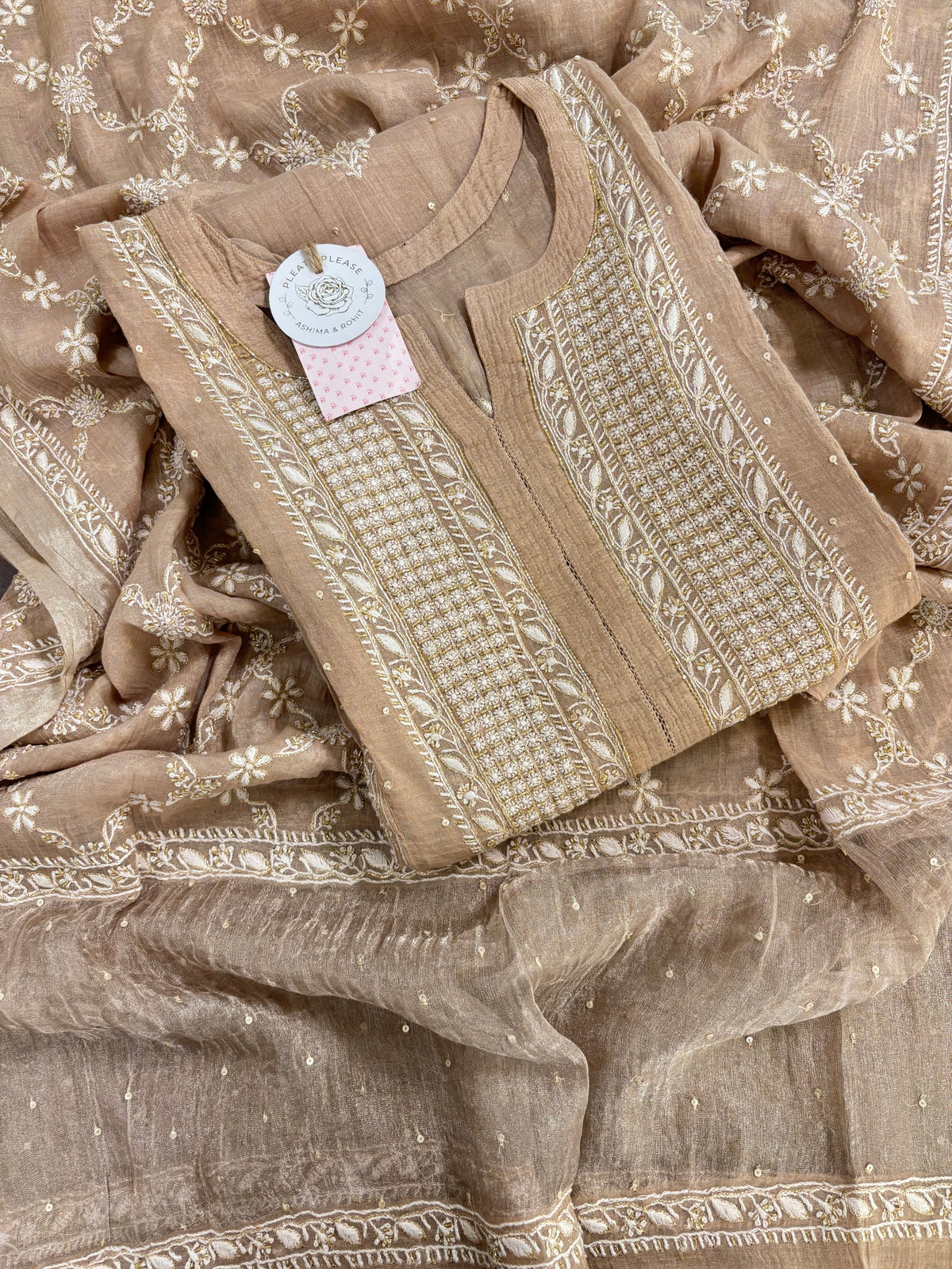 Dusty Peach Pure & Premium Tissue Chikankari Kurta & Dupatta