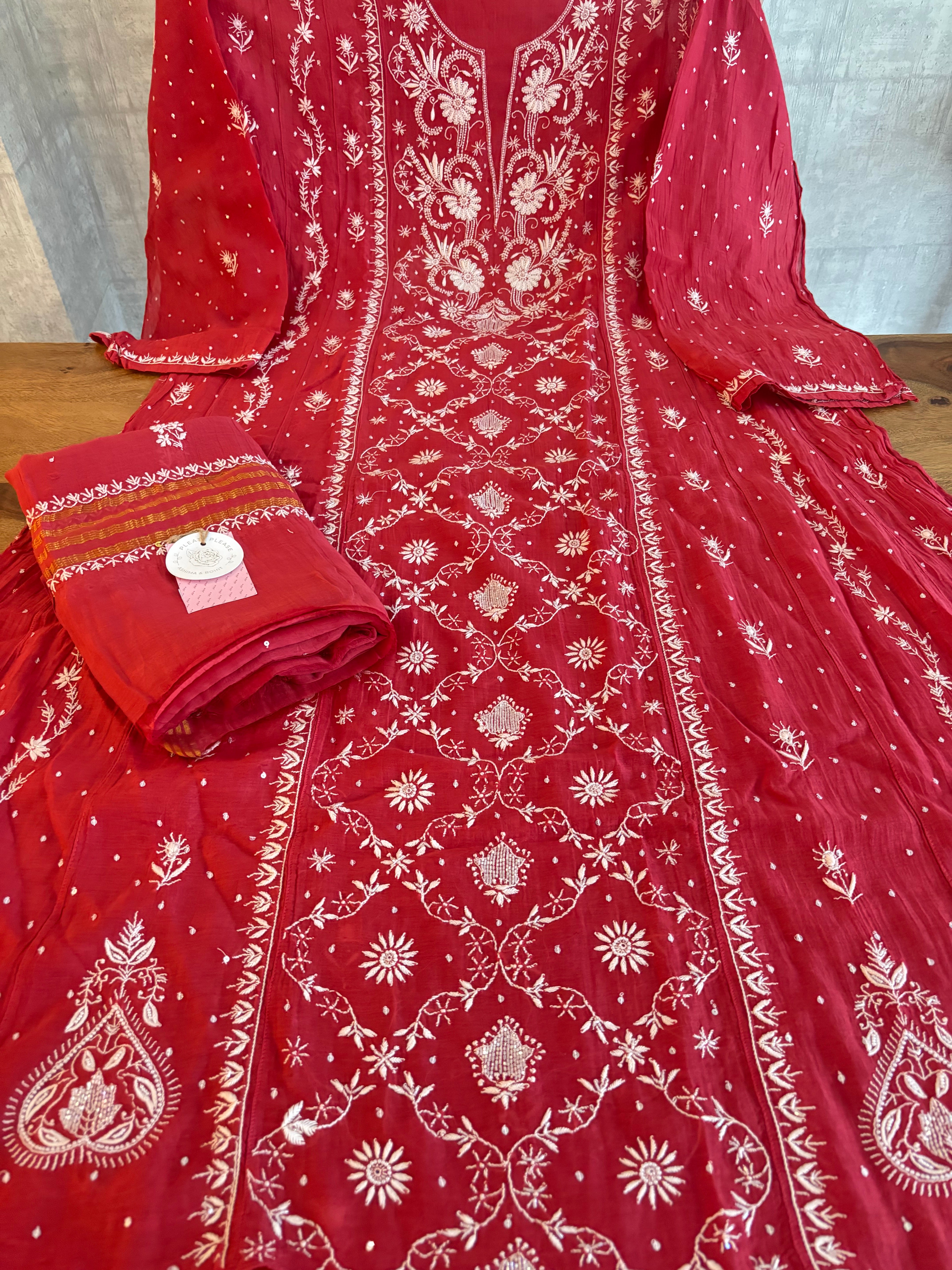 Red Chanderi Chikankari Anarkali & Dupatta
