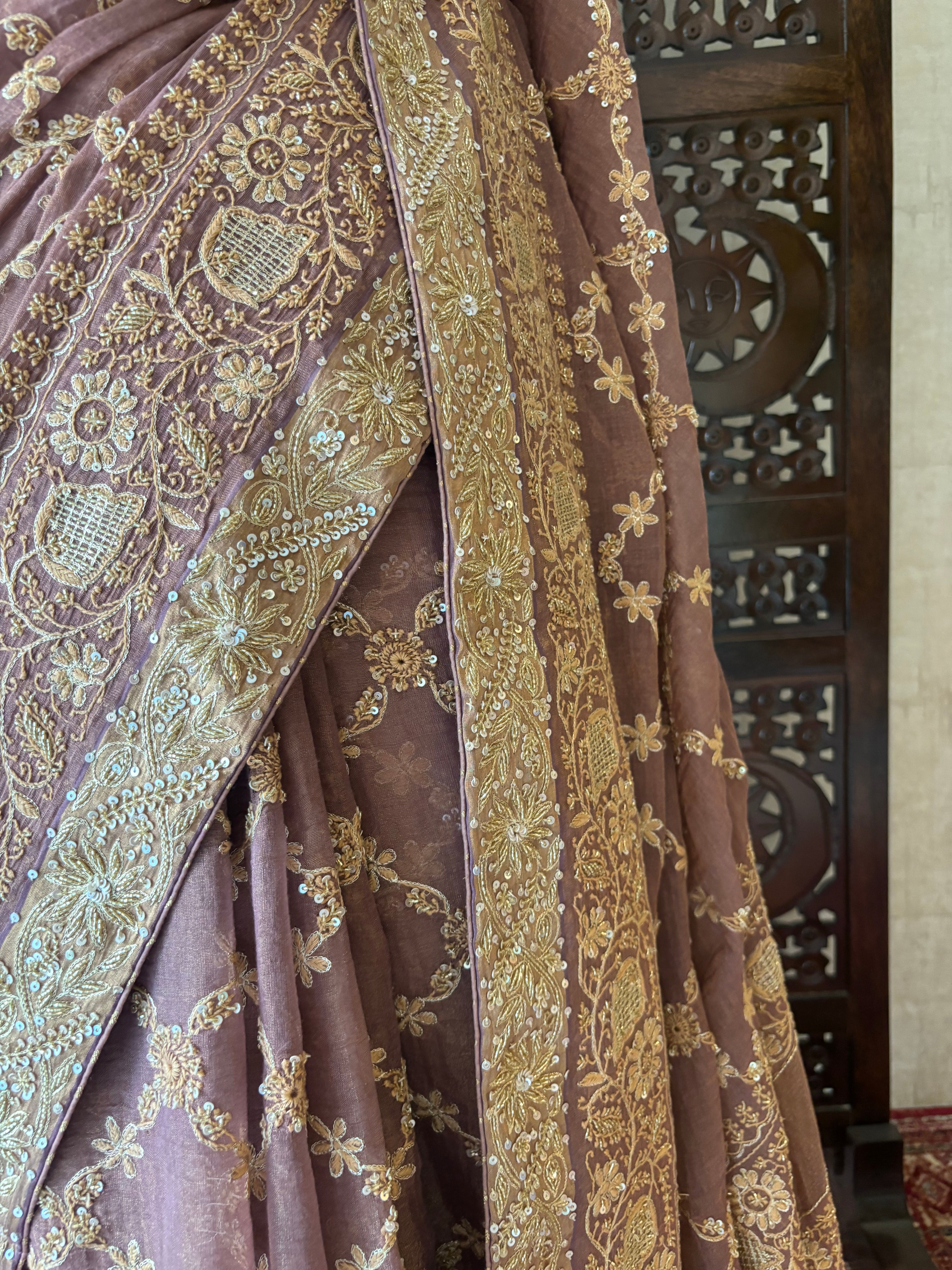 Garnet Pure & Premium Tissue Chikankari Saree and Blouse