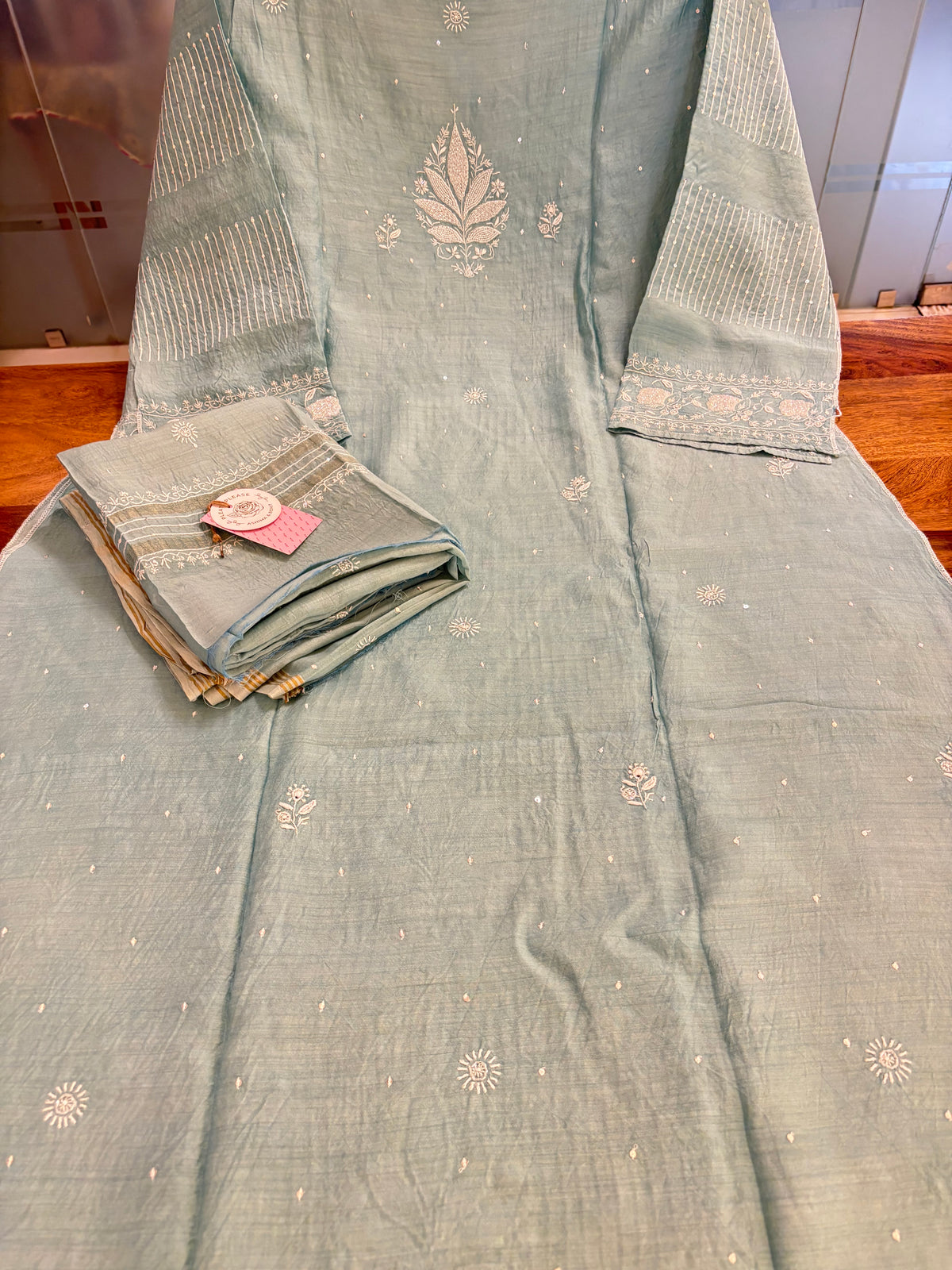 Pastel Mint Green Monga Silk Chikankari Kurta & Dupatta - Pleats PleaseChikankari