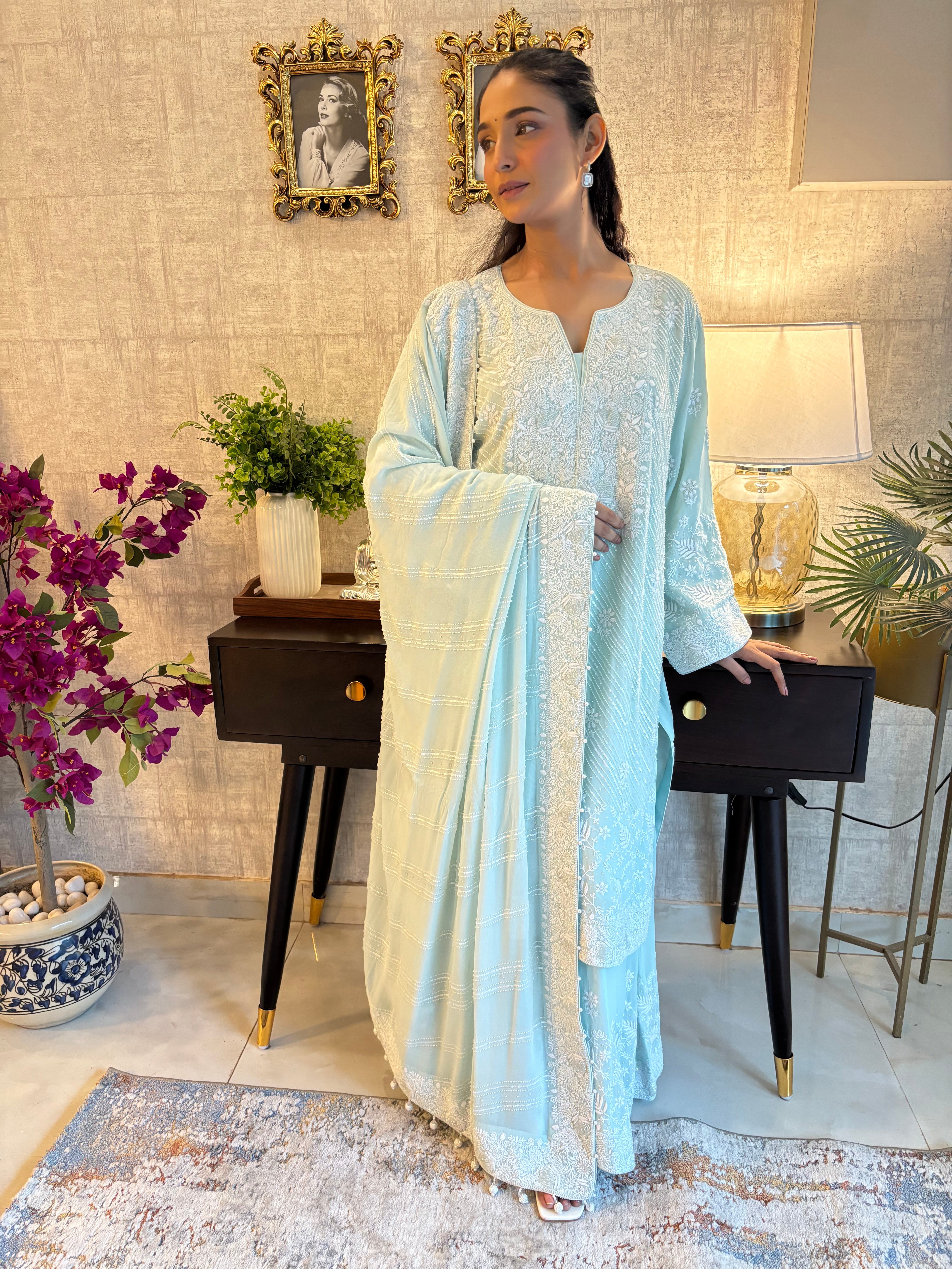 Ice Blue Pure & Premium Georgette Kurta, Sharara & Dupatta Set