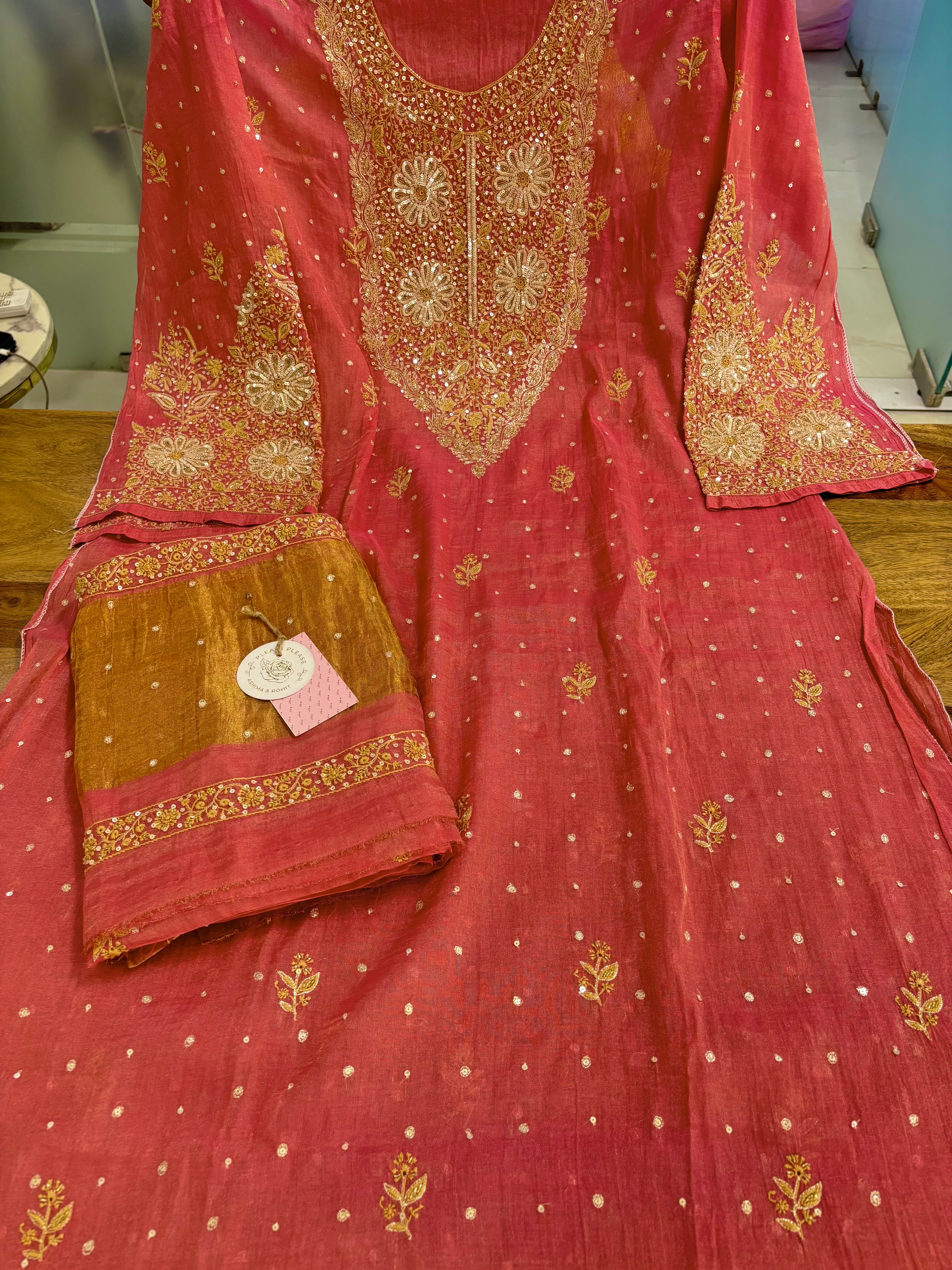 Rose Pink Pure & Premium Tissue Chikankari Kurta & Dupatta