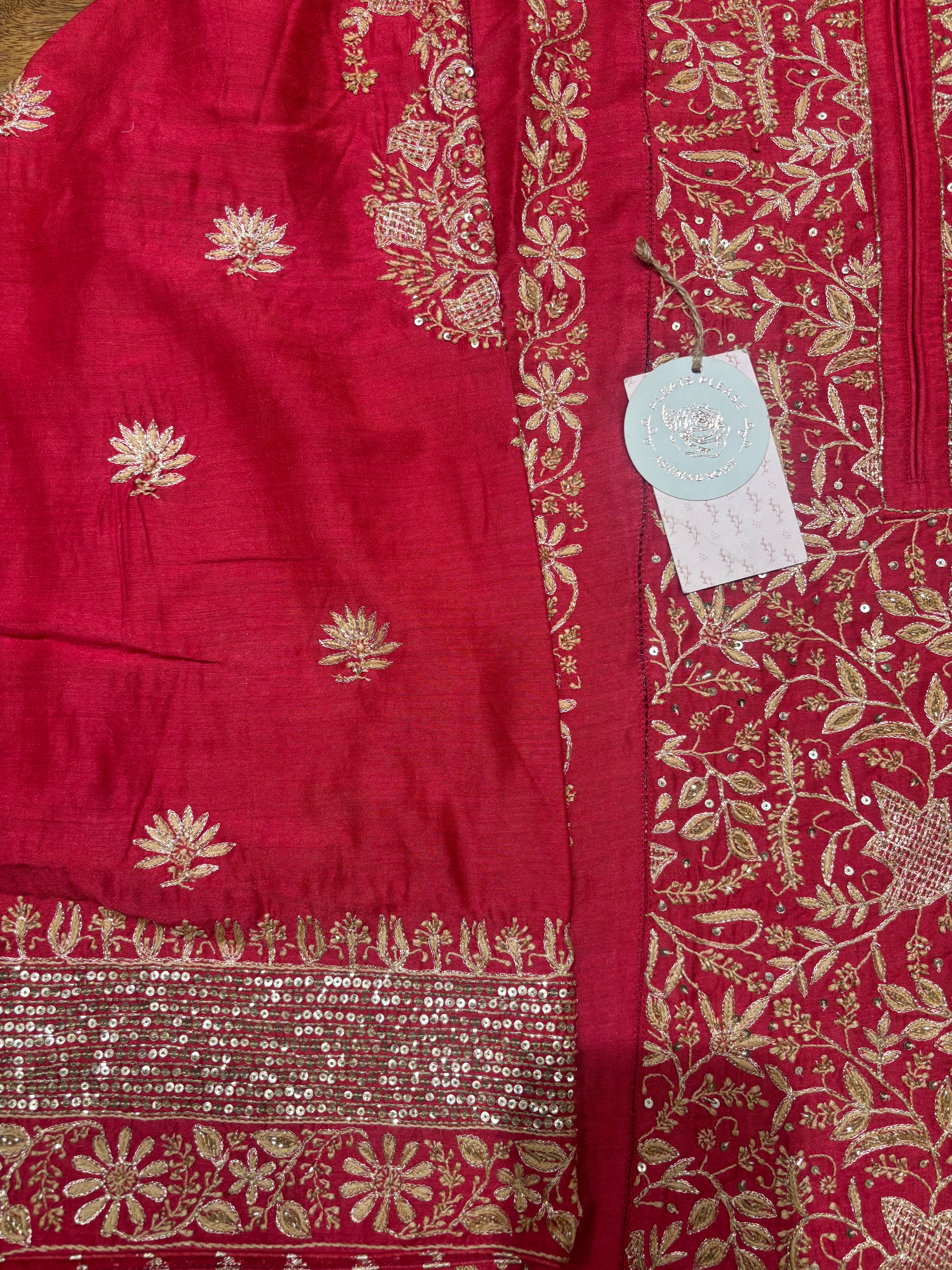 Red Monga Silk Chikankari A-line Anarkali & Dupatta Set