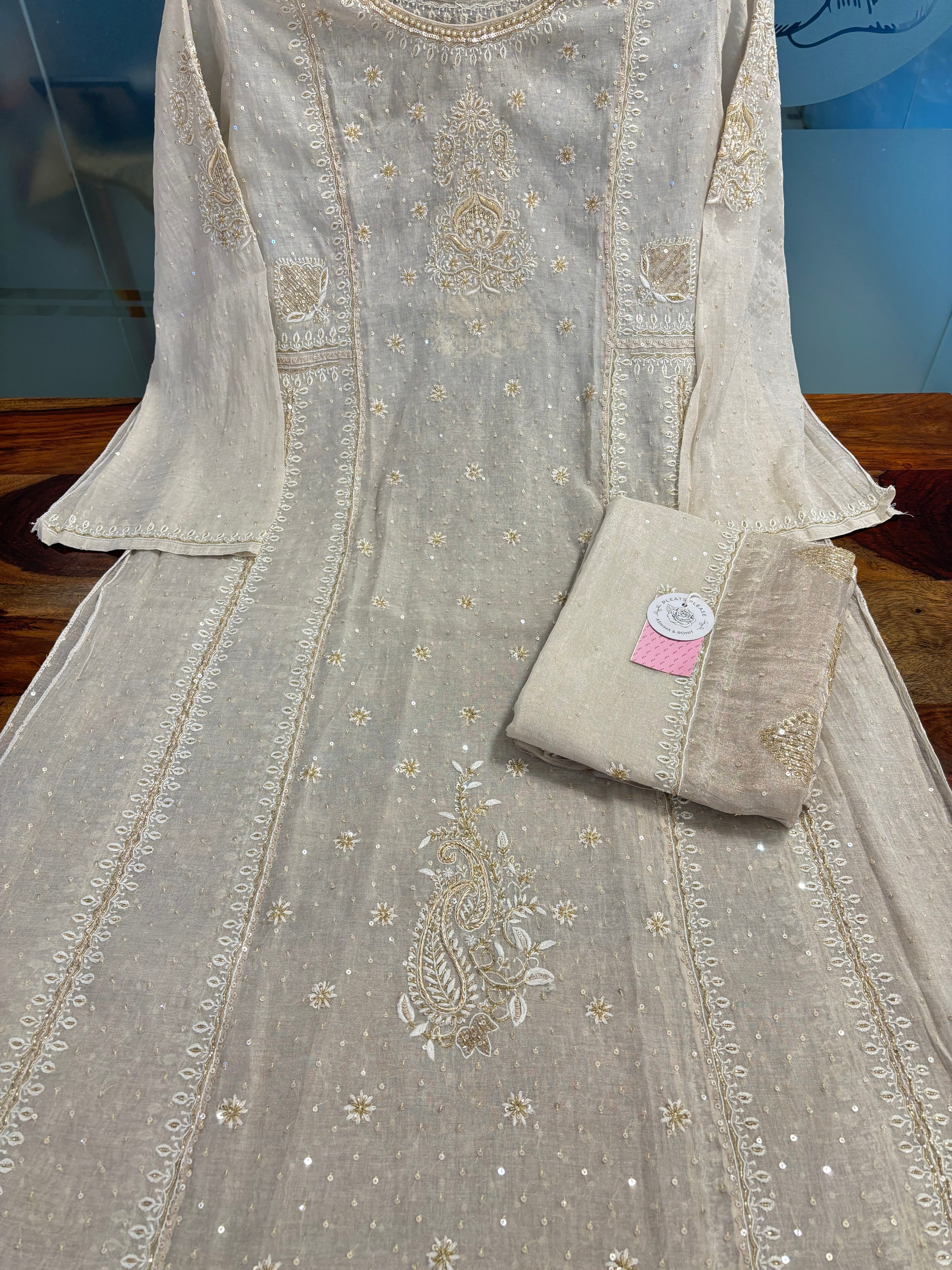 Dyeable Pure Silver Tissue Chikankari Kurta & Dupatta