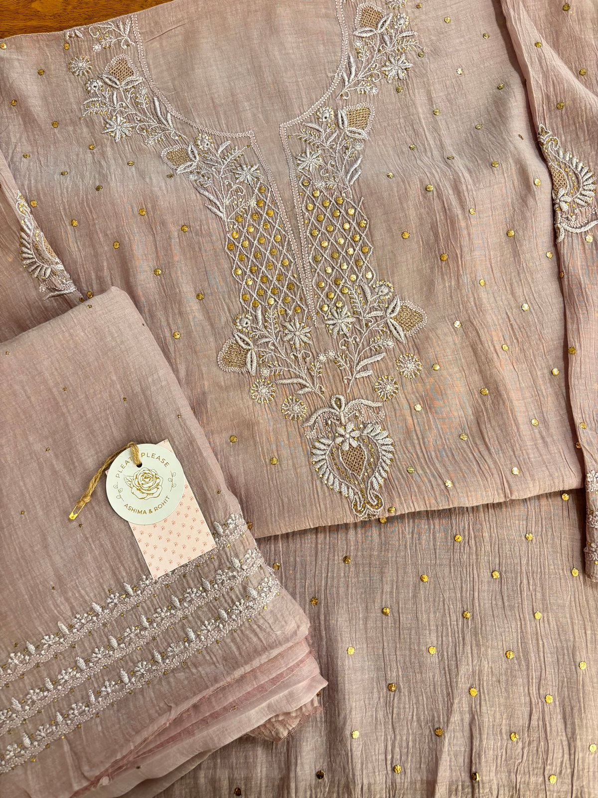 Dusty Mauve Chanderi Mul Chikankari Mukaish Kurta & Dupatta