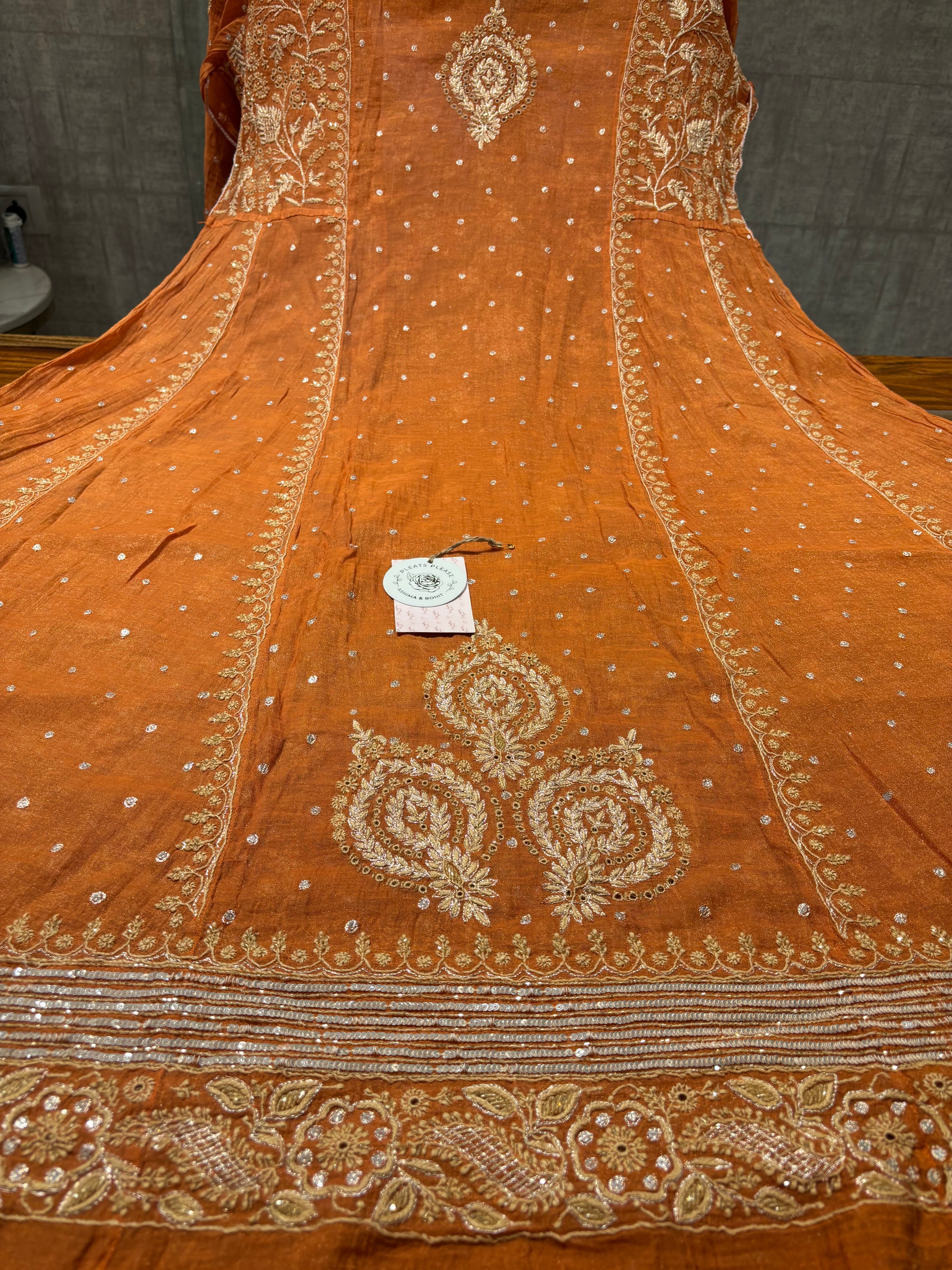 Burnt Orange Pure And Premium Tissue Chikankari Anarkali, Dupatta And Bottom