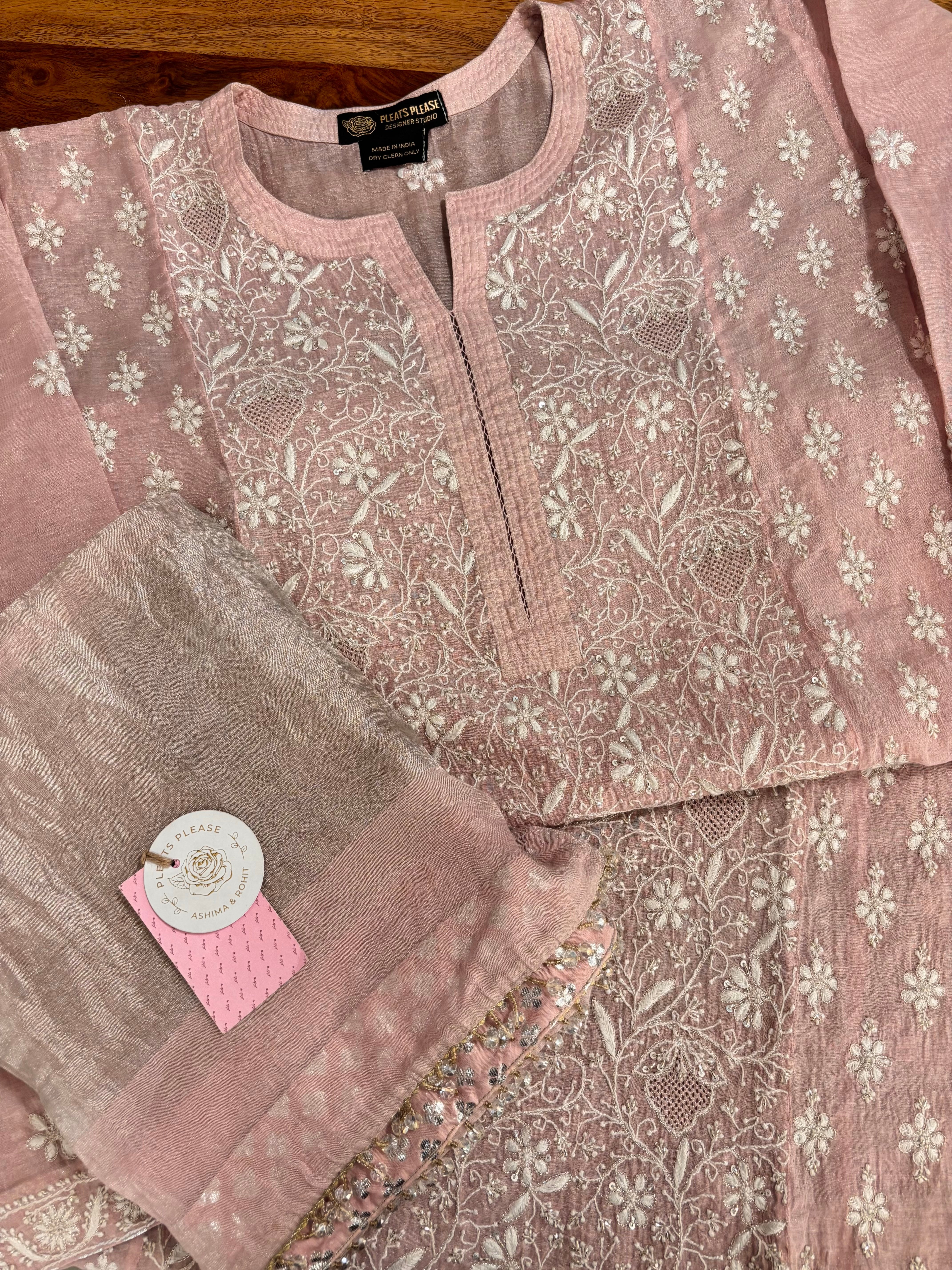 Blush Pink Pure Tissue Chikankari Kurta & Dupatta