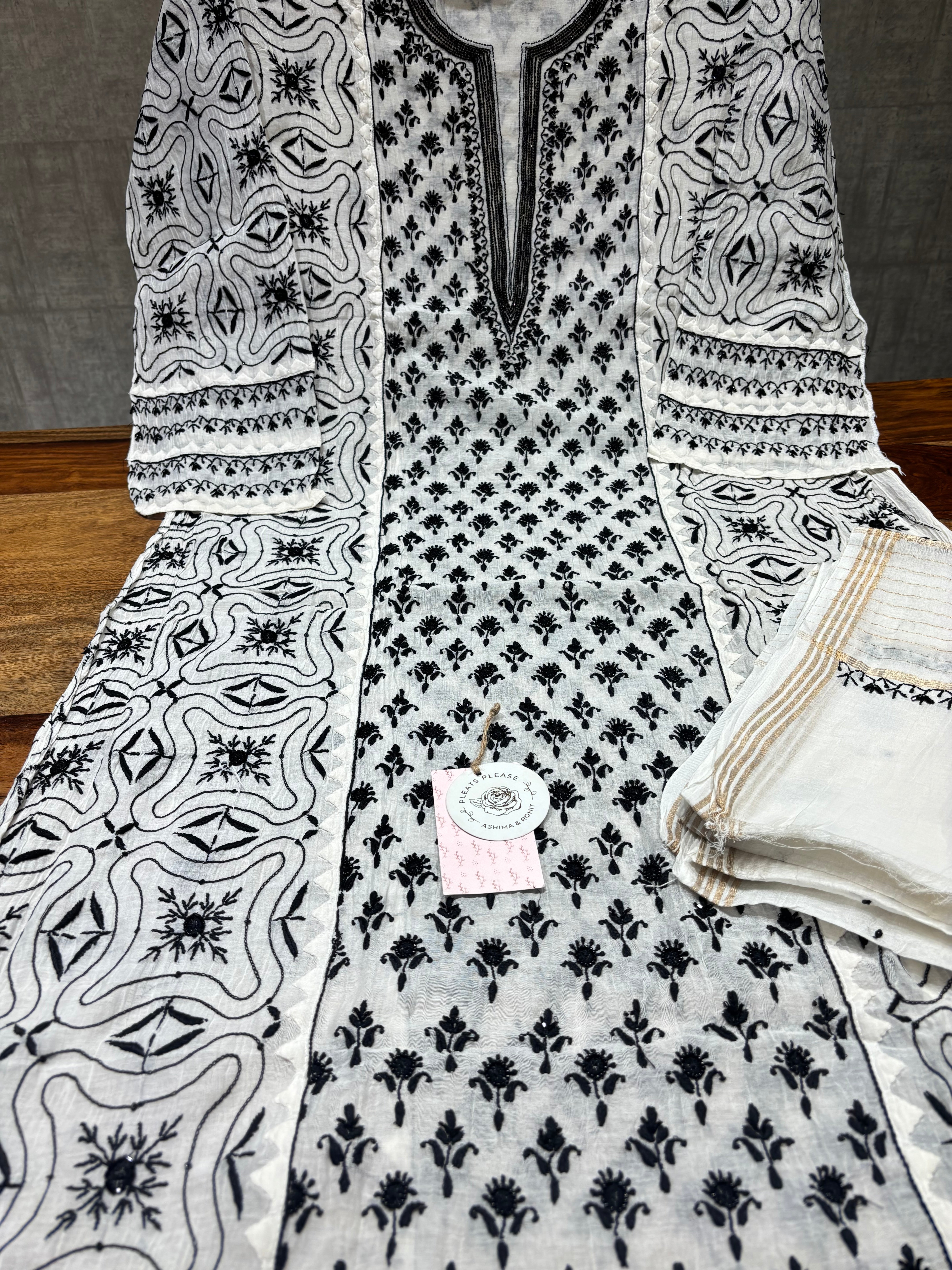 Dyeable Chanderi Mul Chikankari Kurta and Dupatta Set