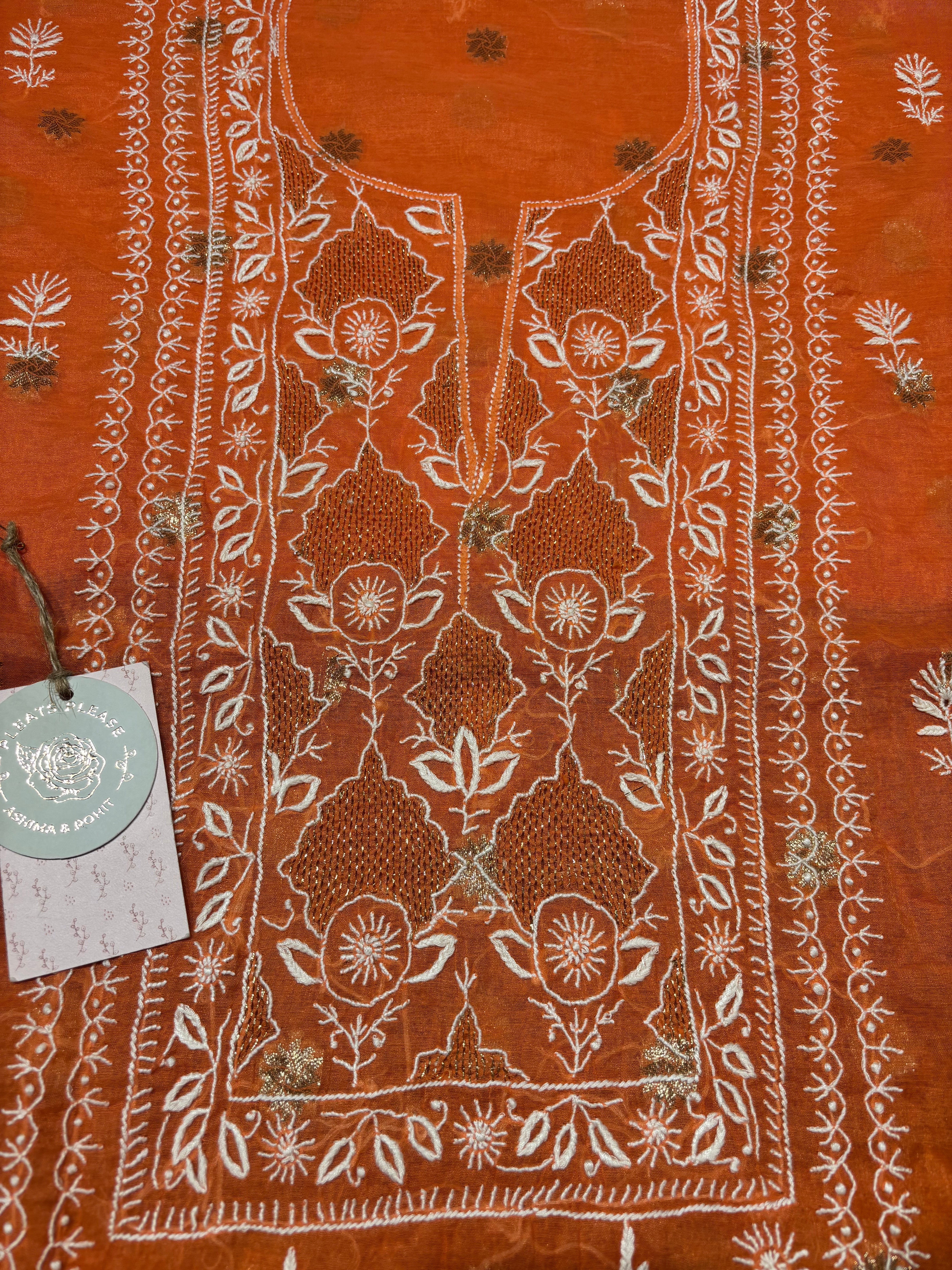 Burnt Orange Chanderi Silk Chikankari Kurta And Dupatta Fabric