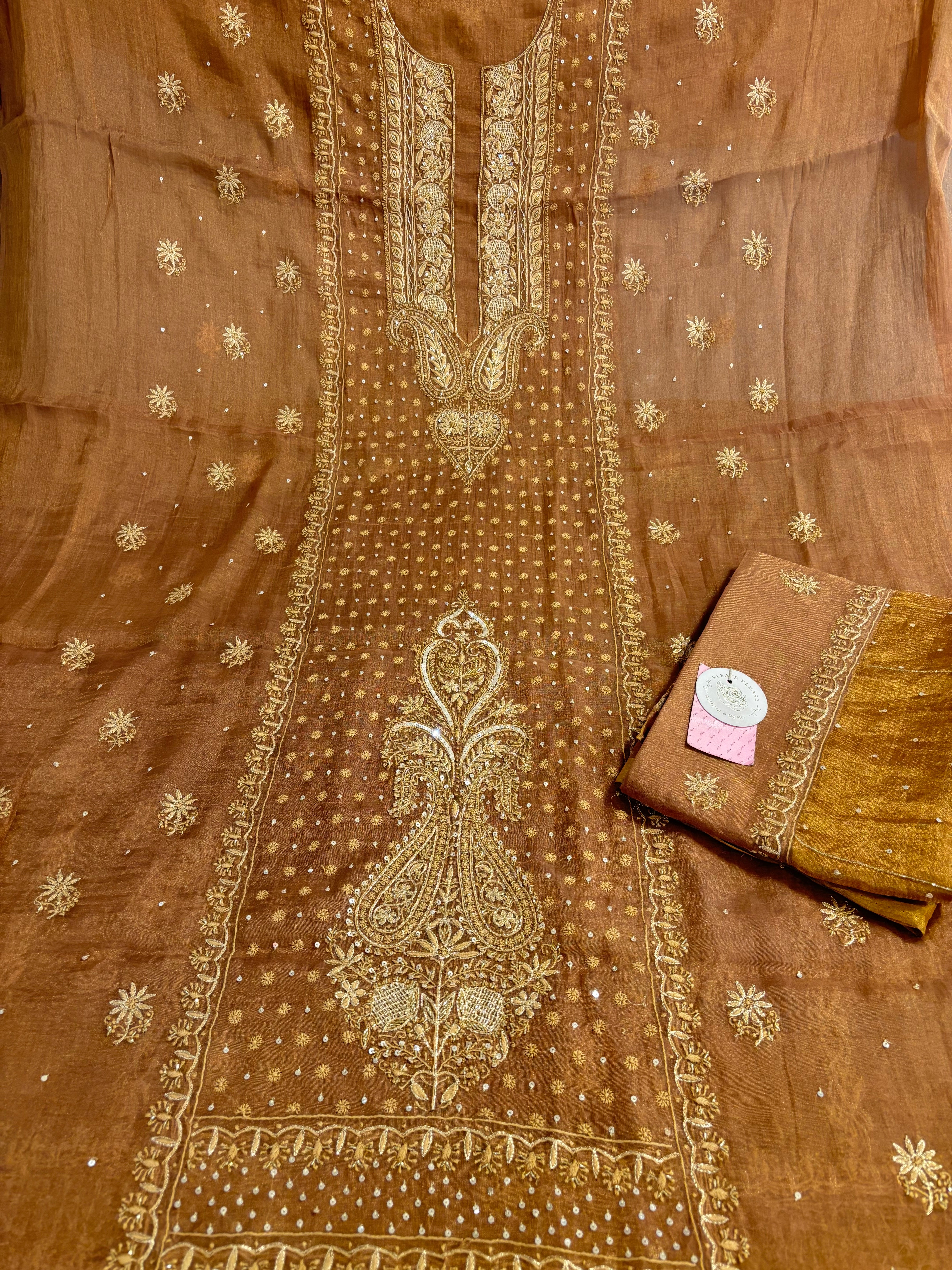 Antique Copper Pure & Premium Tissue Chikankari Kurta & Dupatta