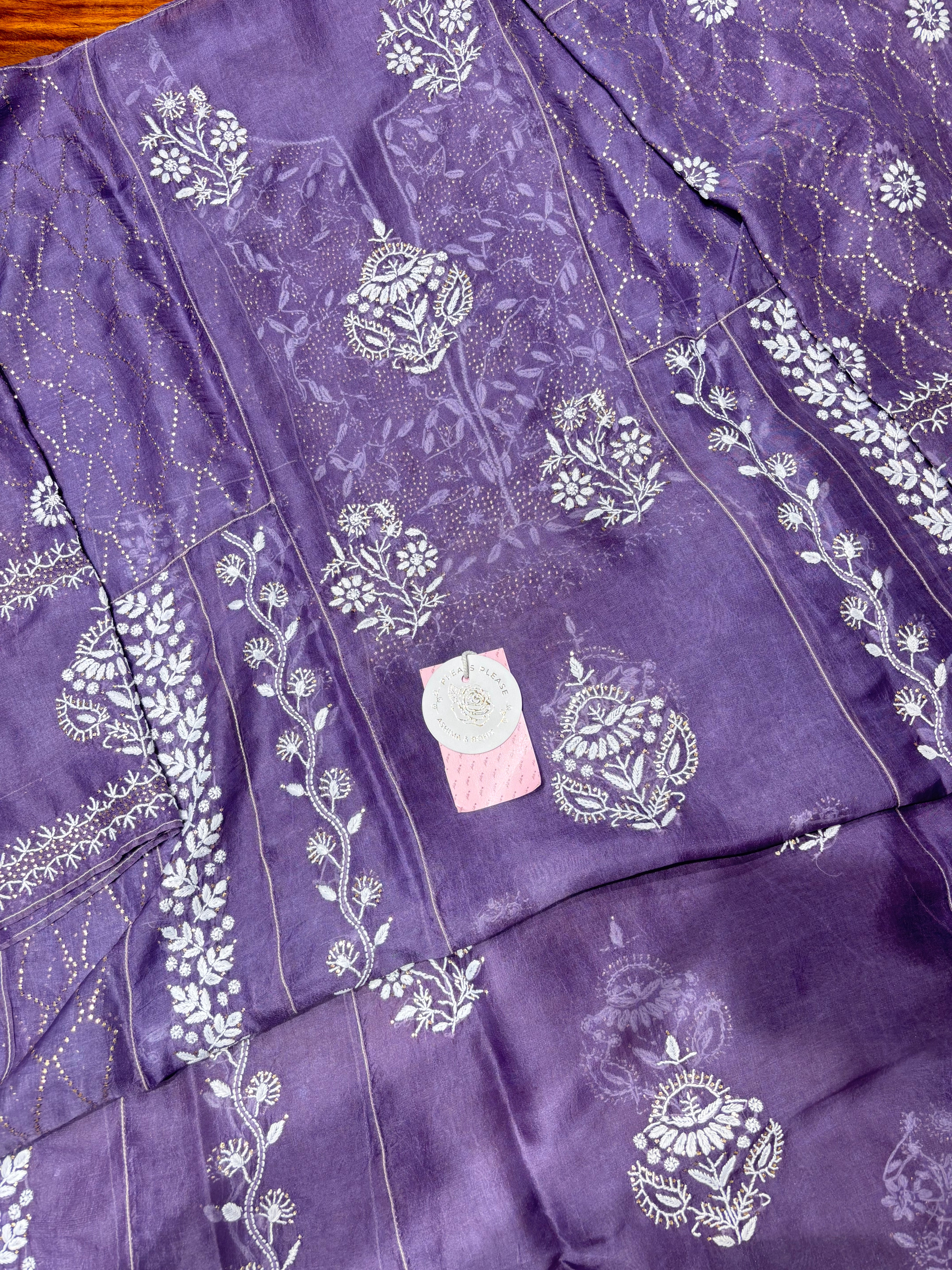 Deep Plum Pure Organza Silk Mukaish & Chikankari Anarkali & Dupatta
