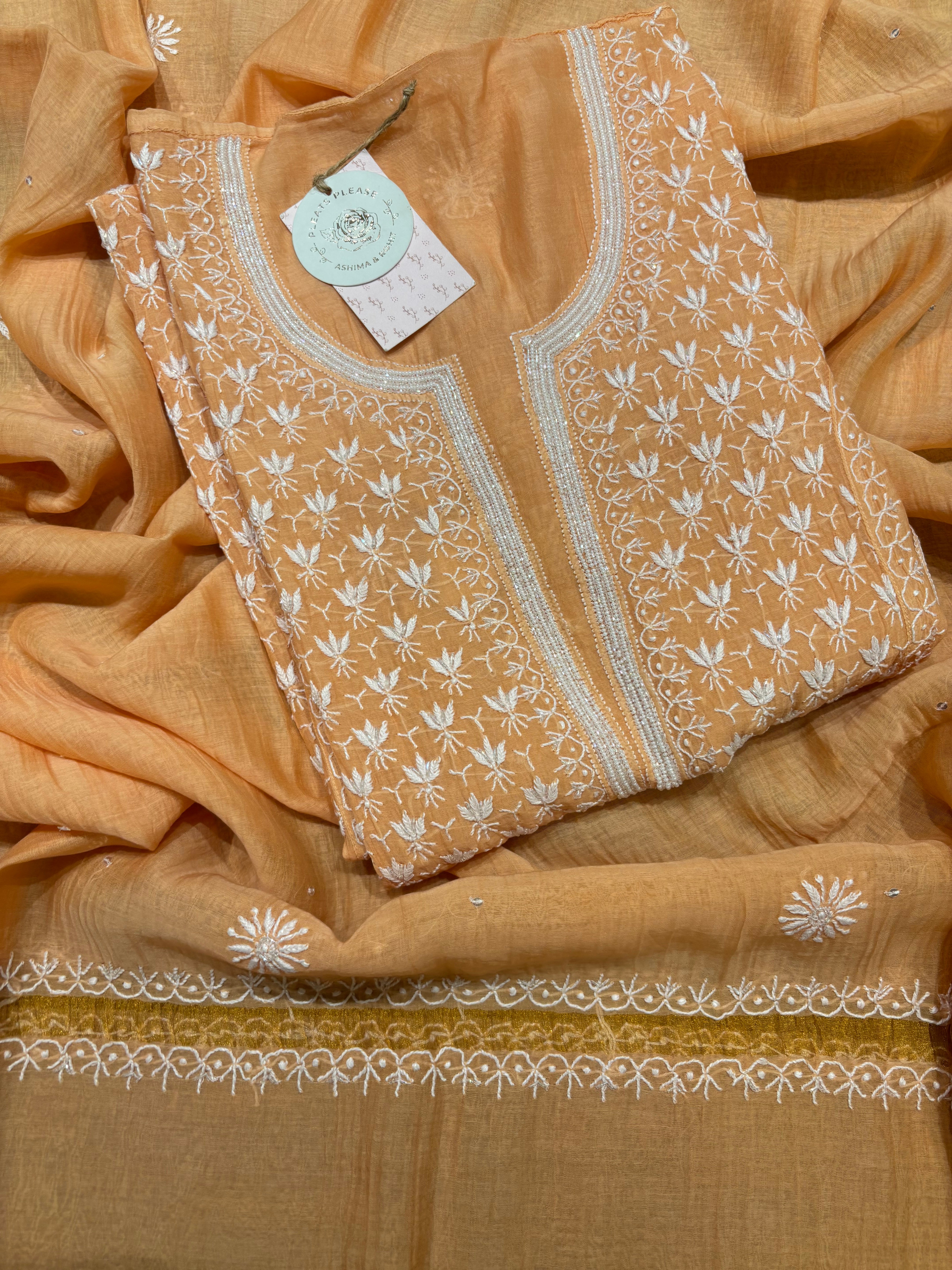 Peach Chanderi Mul Chikankari Kurta and Dupatta Set
