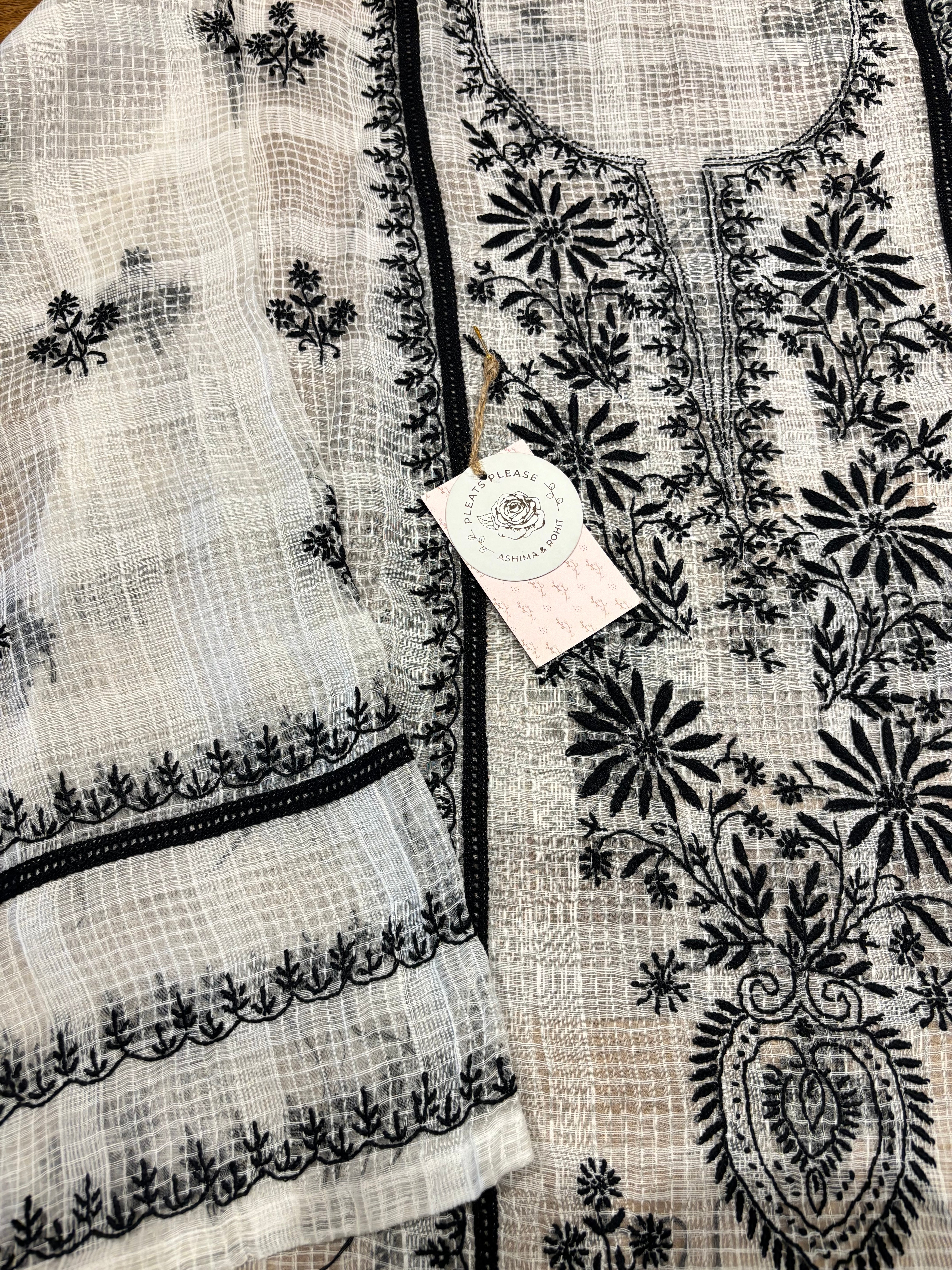 White And Black Kota Doria Chikankari Kurta And Dupatta Set