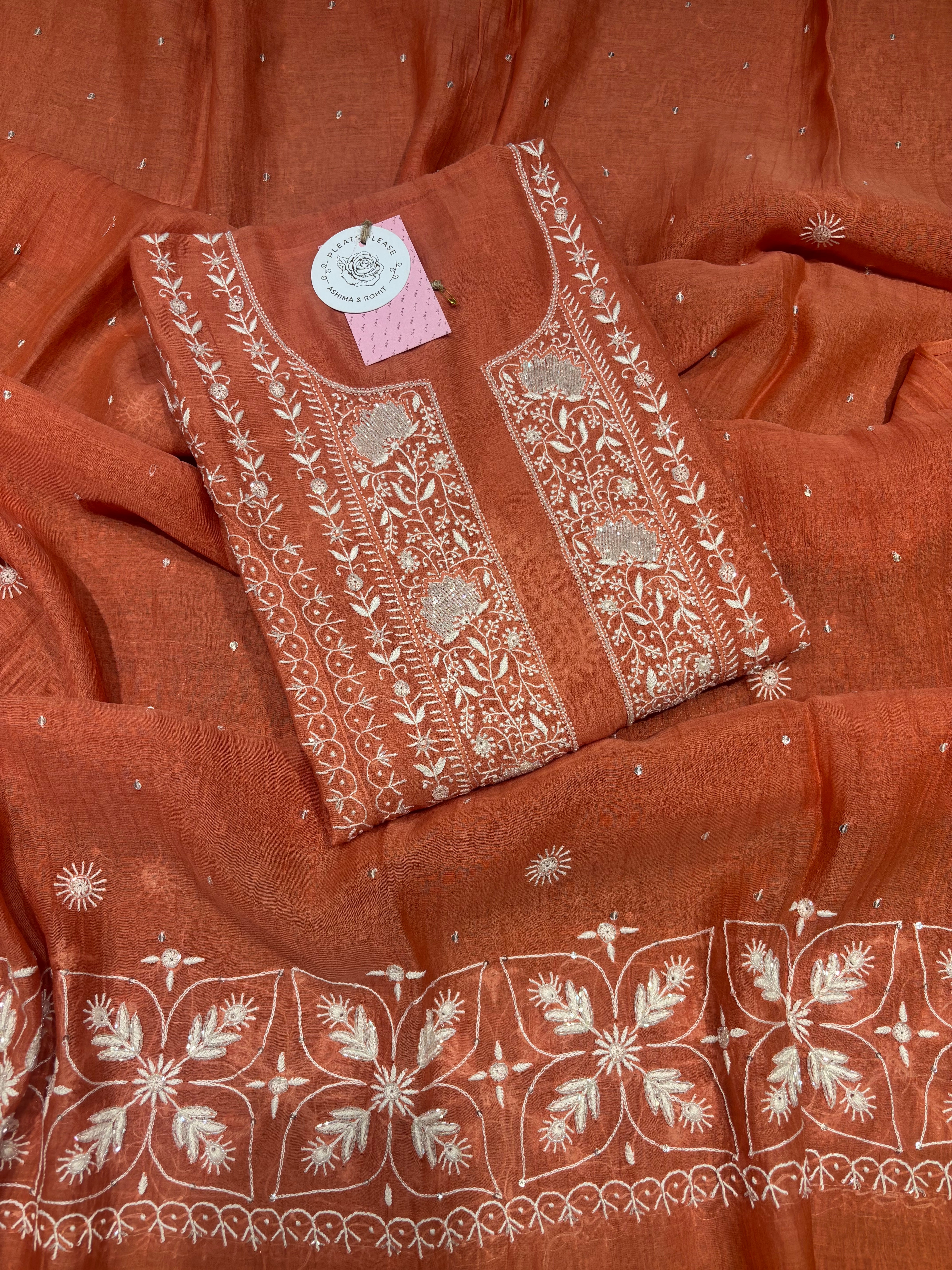 Coral Chanderi Mul Chikankari Kurta and Dupatta Set