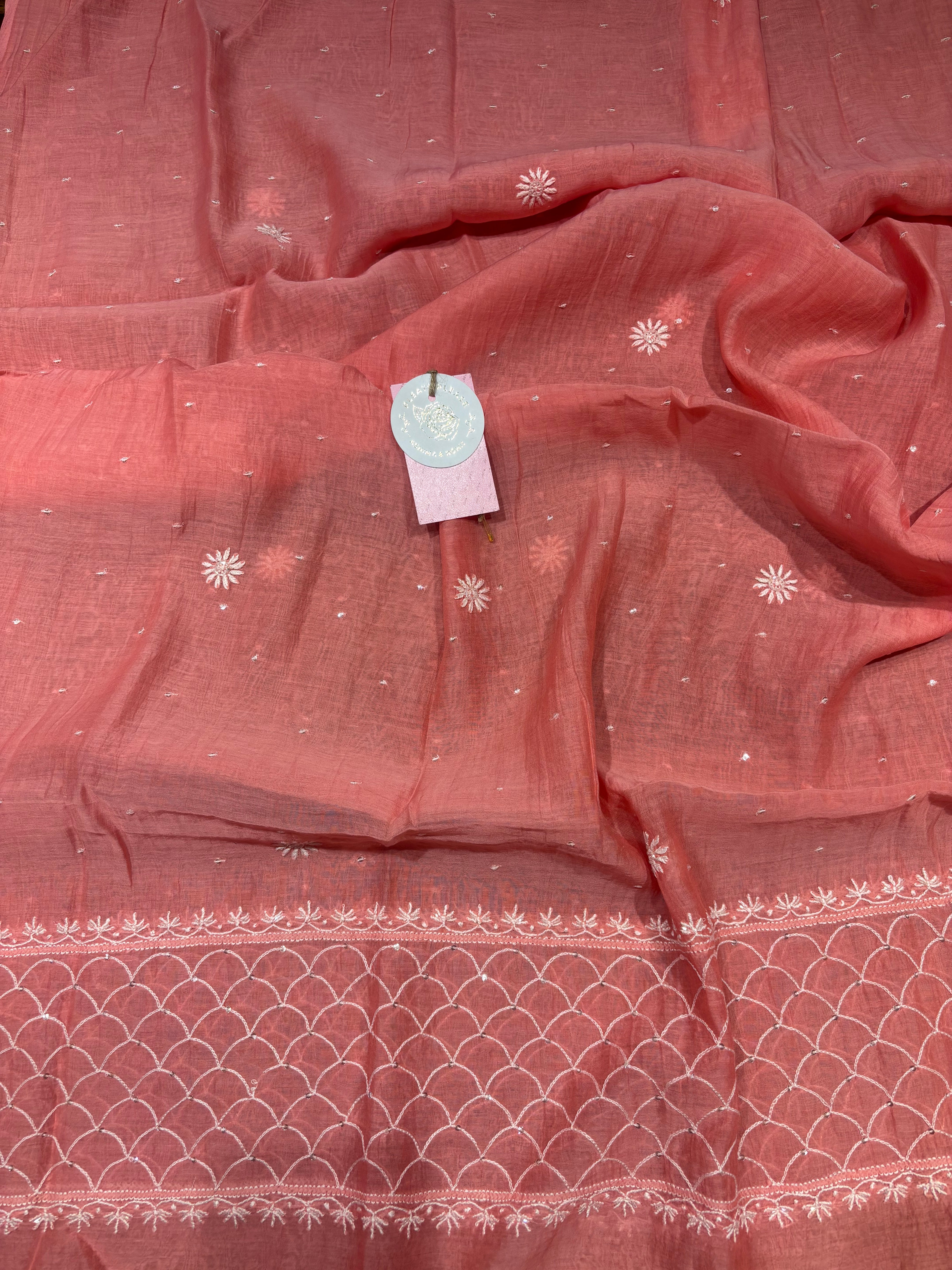 Coral Pink Chanderi Mul Chikankari Kurta & Dupatta Set