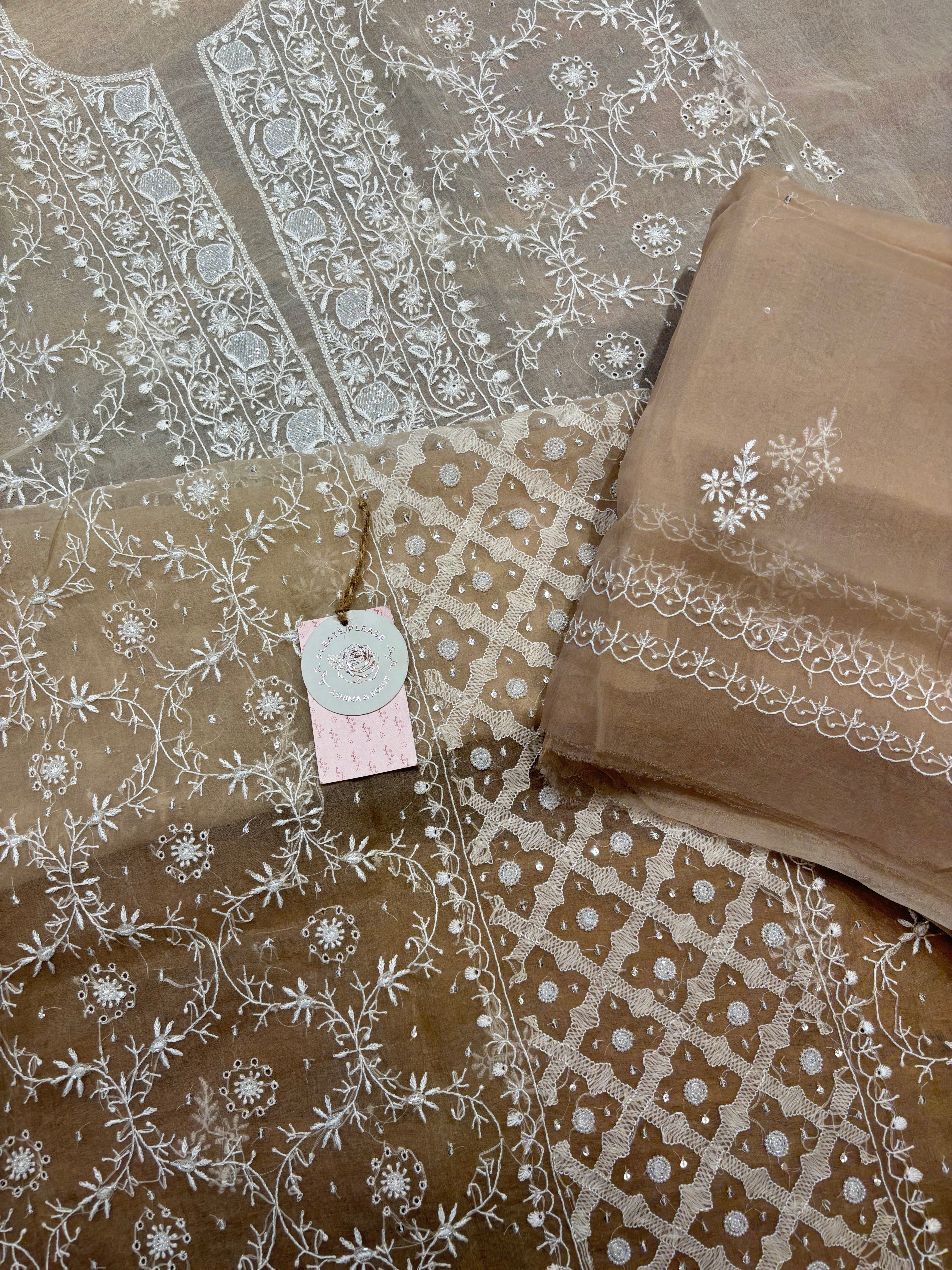 brown Ombré Organza Chikankari Kurta & Dupatta Fabric