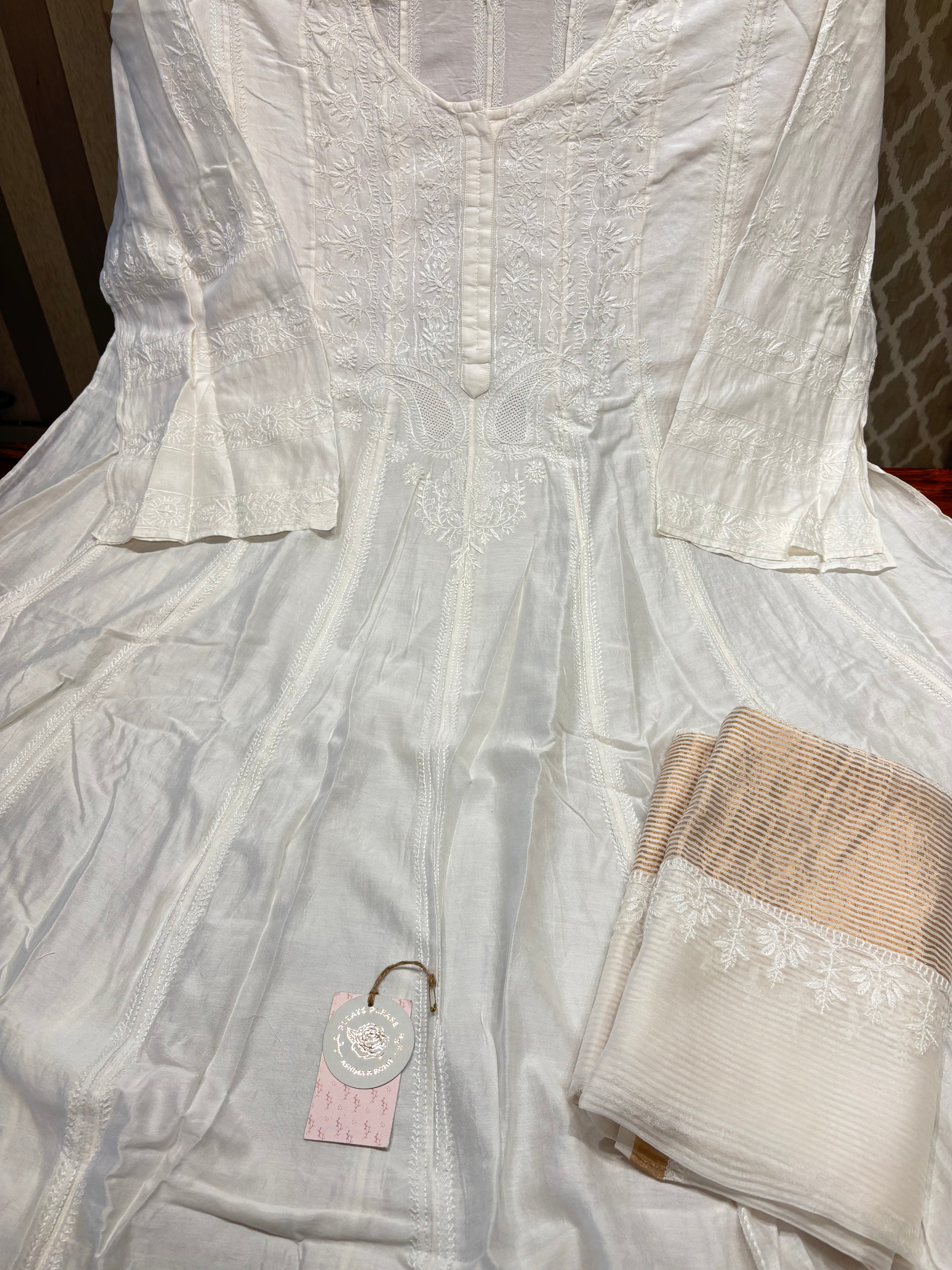 Dyeable Chanderi silk Chikankari Anarkali and Dupatta