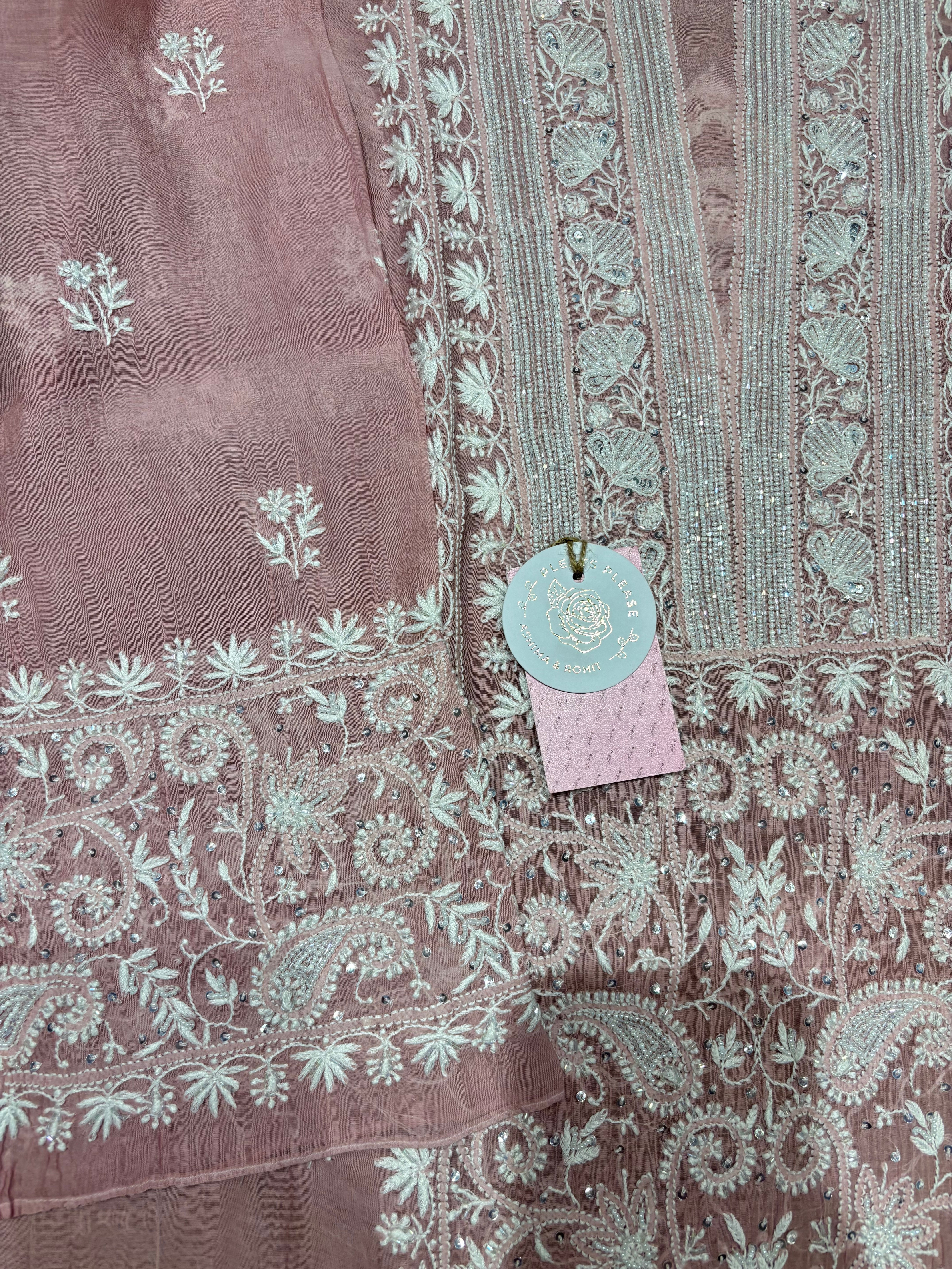 Oyster Pink Chanderi Mul Chikankari Kurta and Dupatta Set