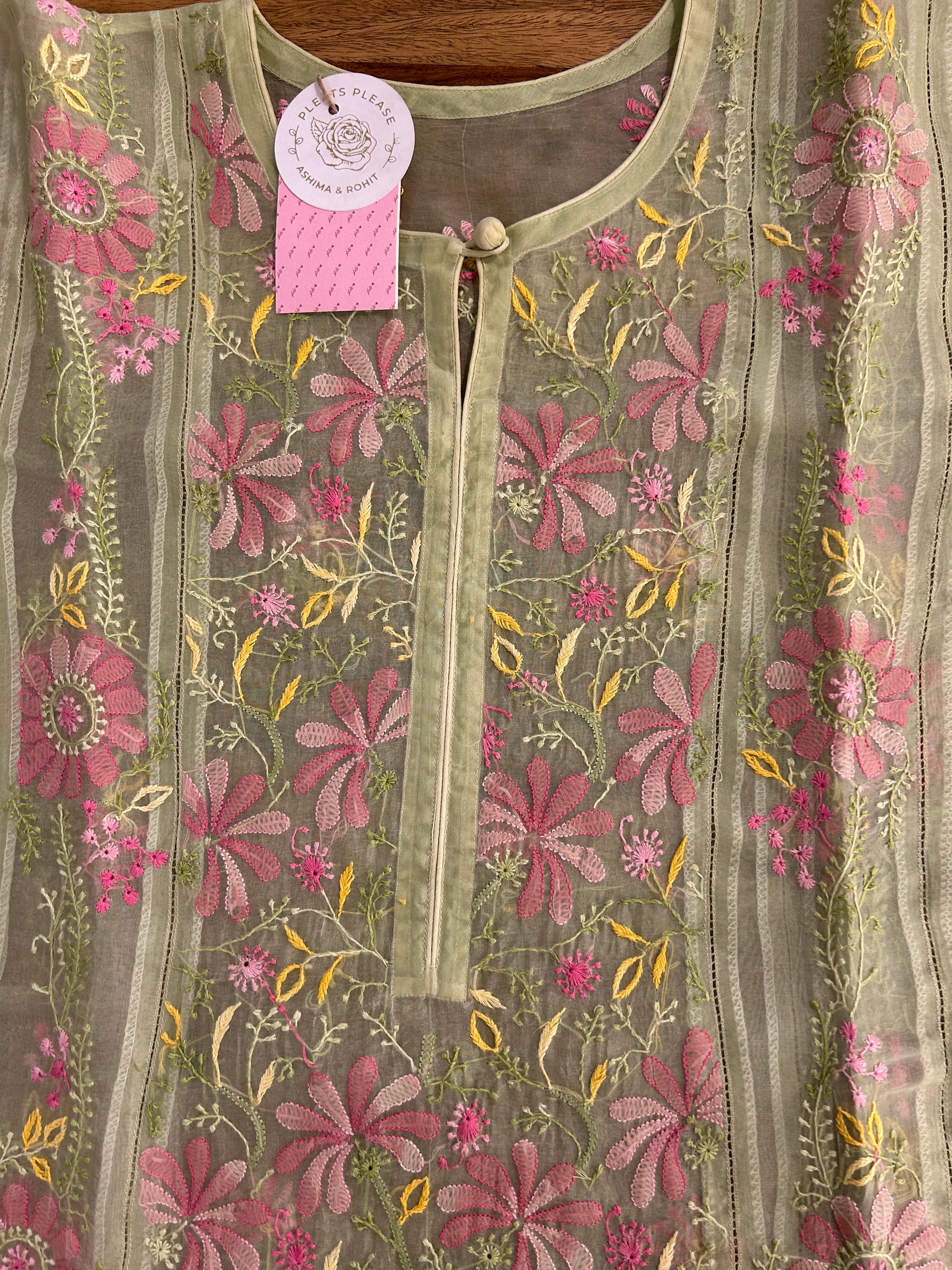 Sage Mist Pure Organza Chikankari Kurta & Dupatta