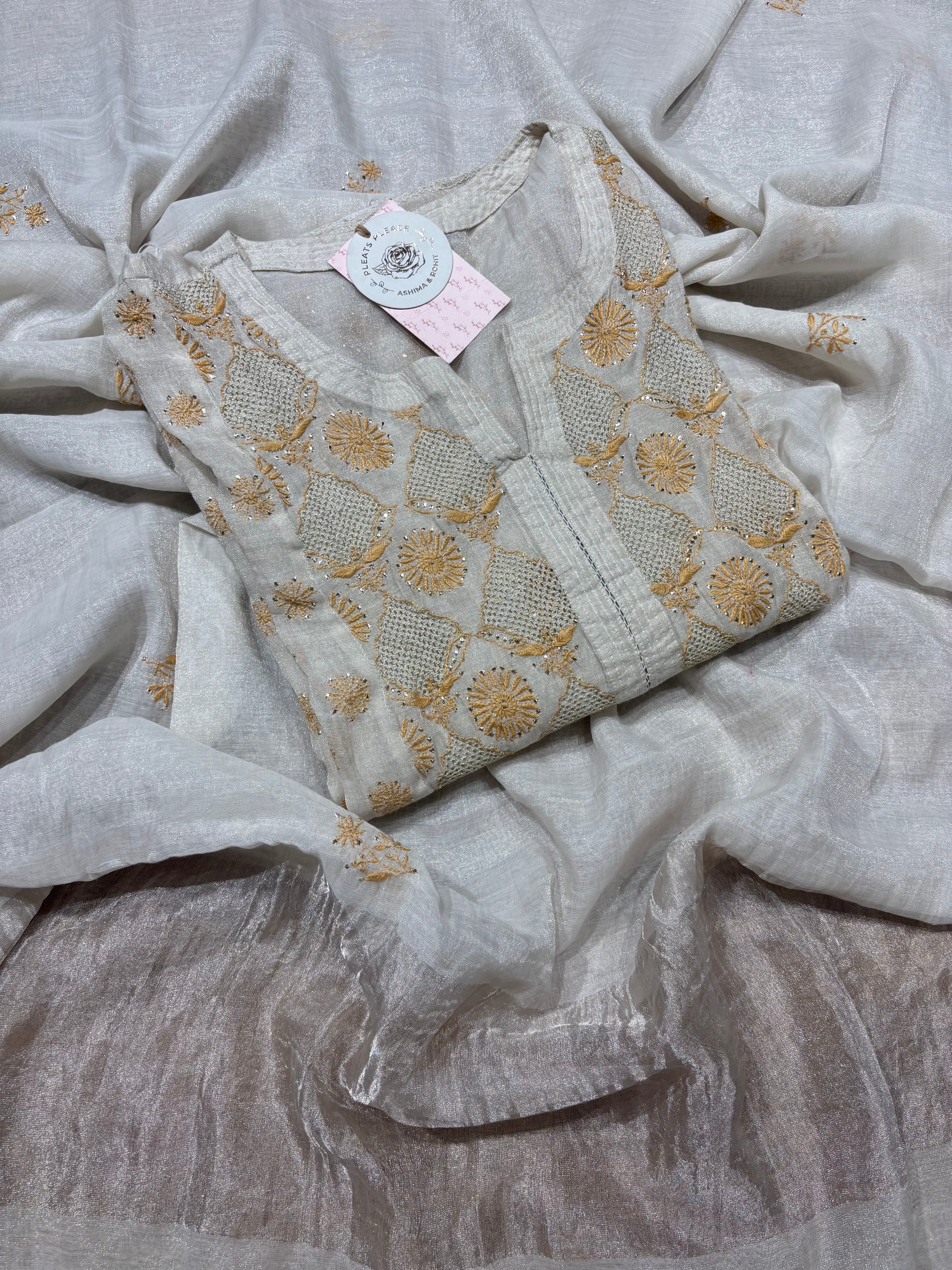 Dyeable Silver Pure And Premium Tissue Chikankari Kurta And Dupatta Set
