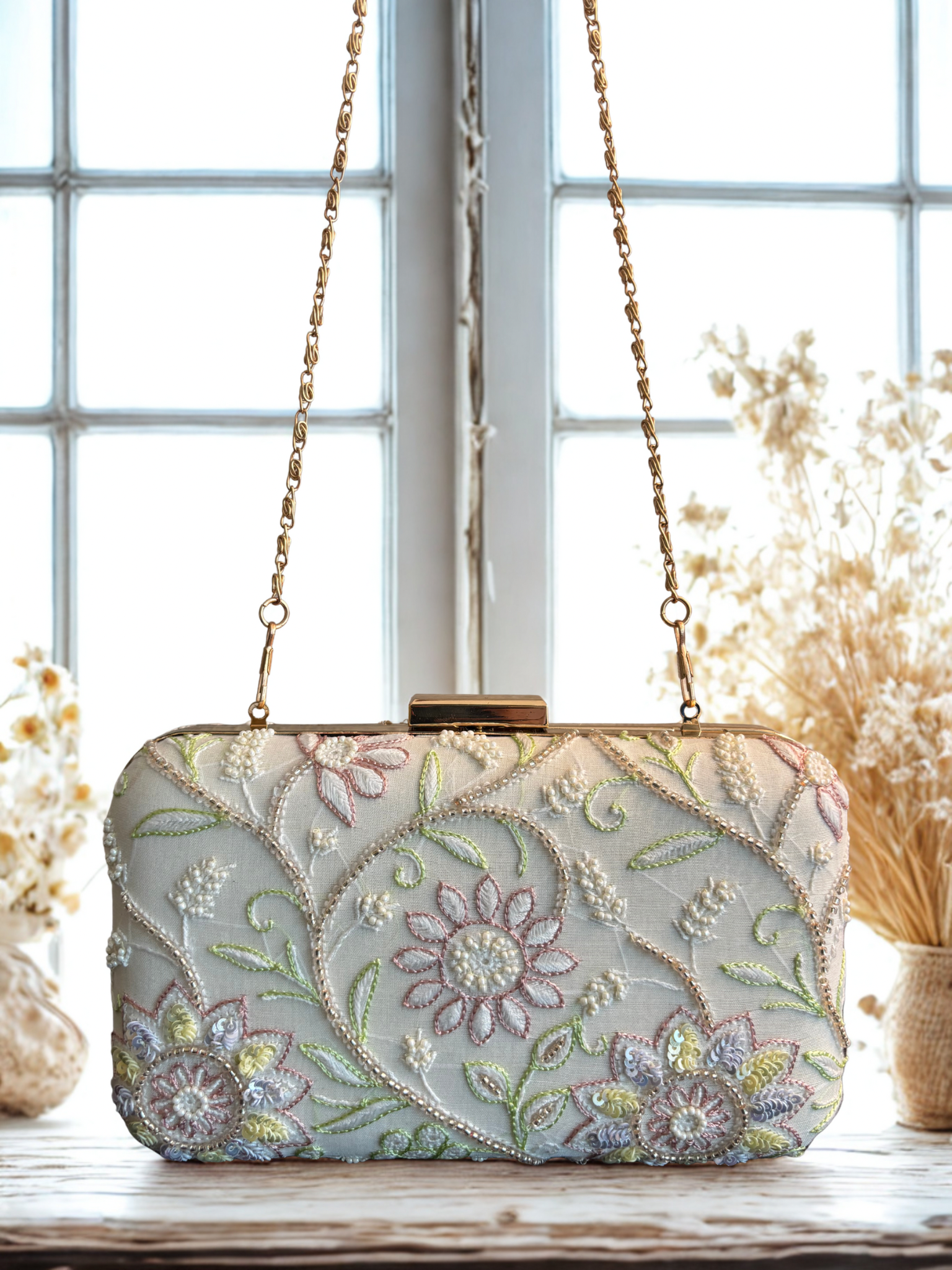 Off White Chikankari Clutch