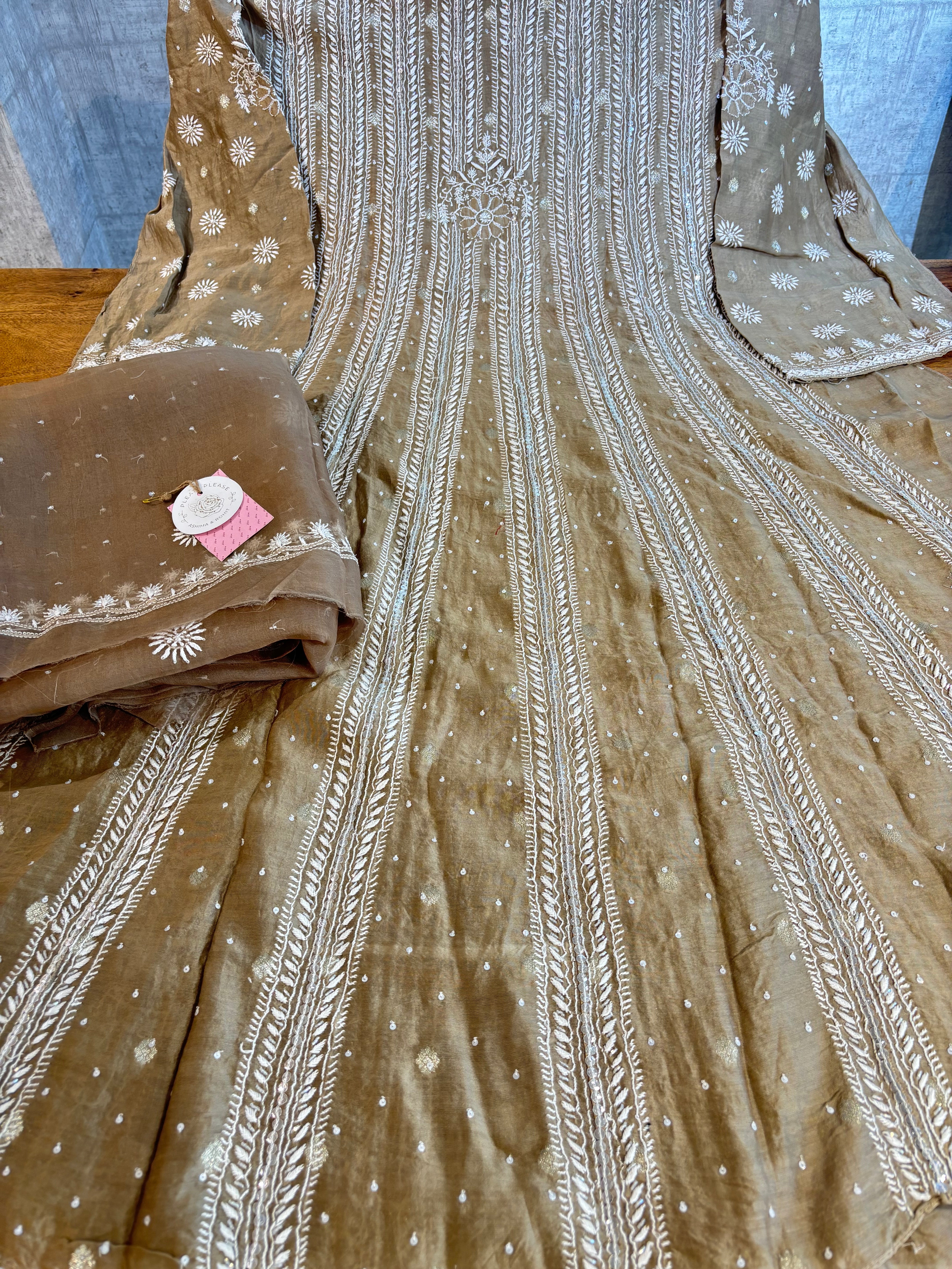 Brown Chanderi Chikankari Anarkali With Organza Dupatta