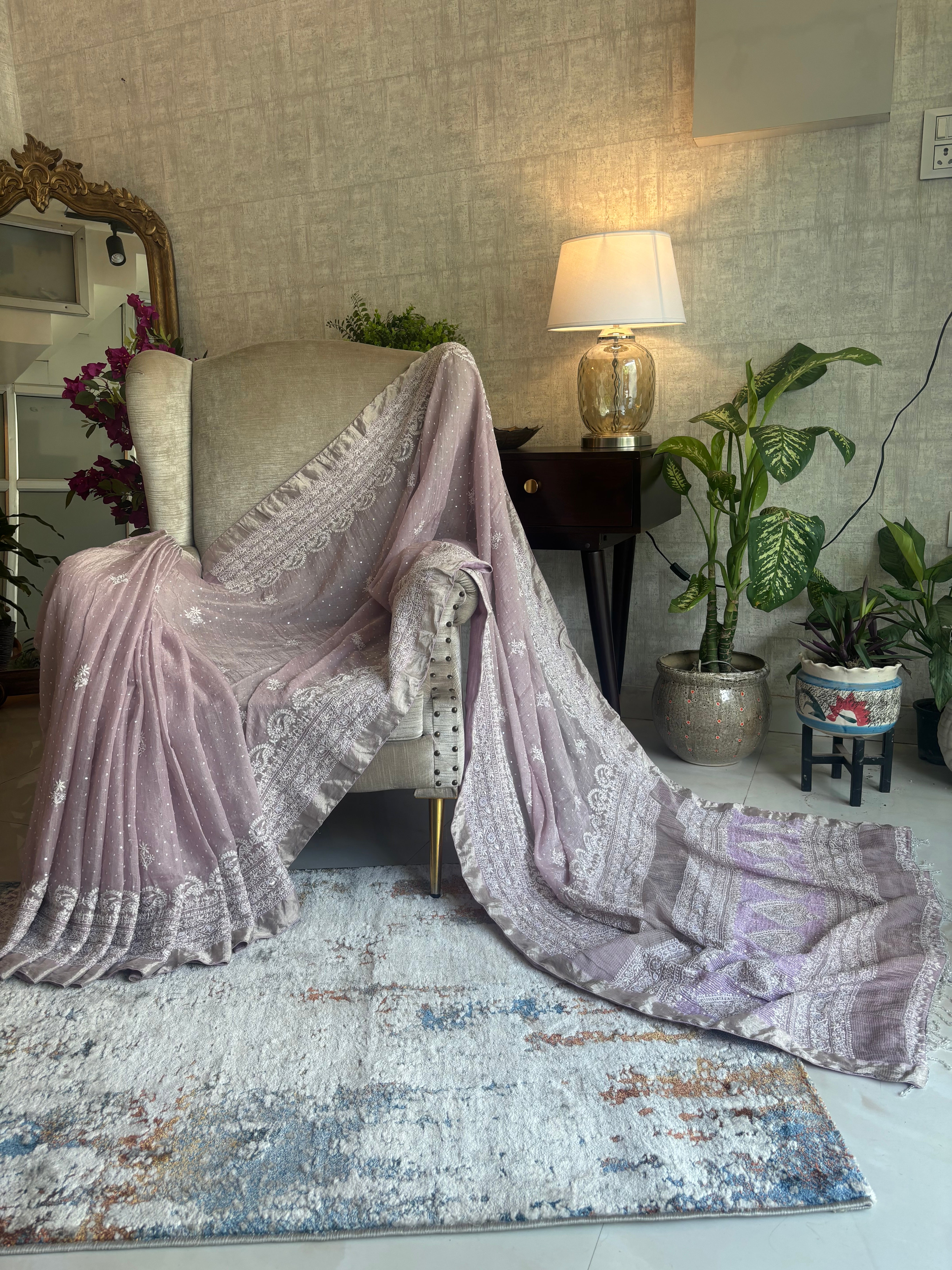 Lavender Pure and Premium Tissue Chikankari  Saree and Blouse