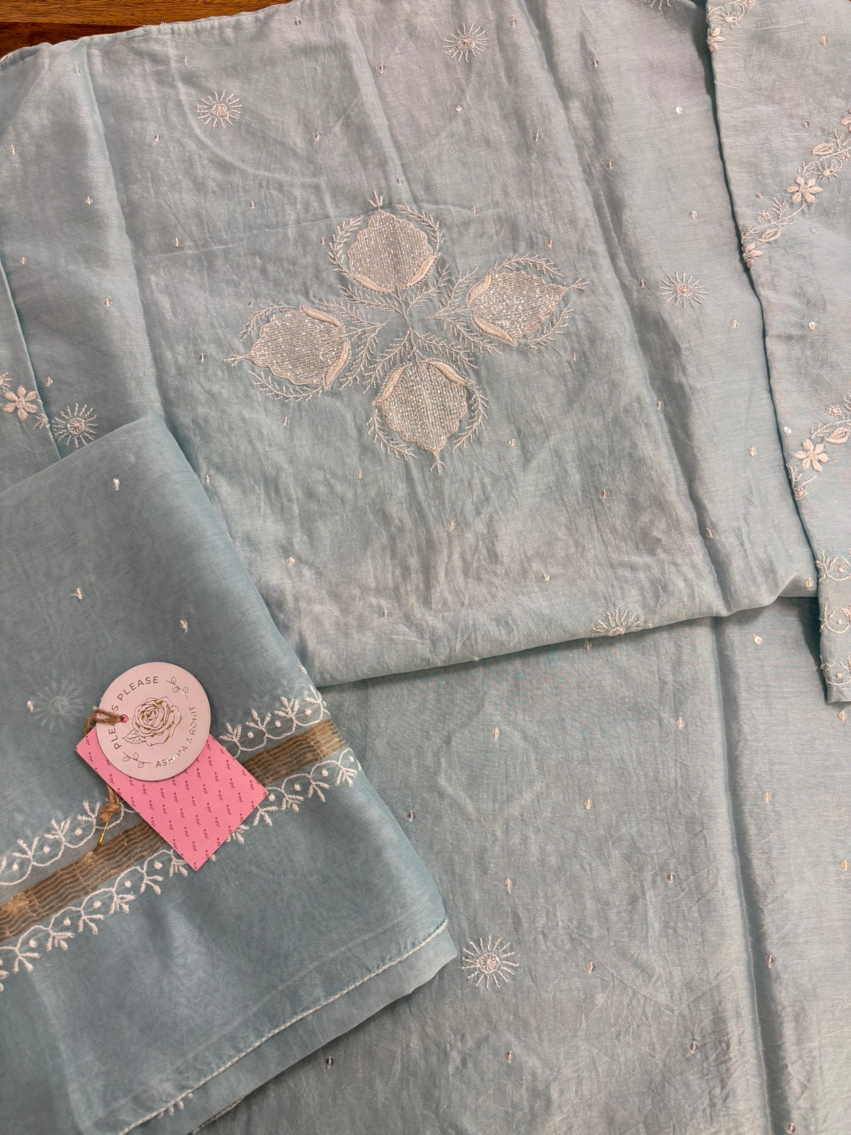 Ice Blue Chanderi Chikankari Kurta & Dupatta