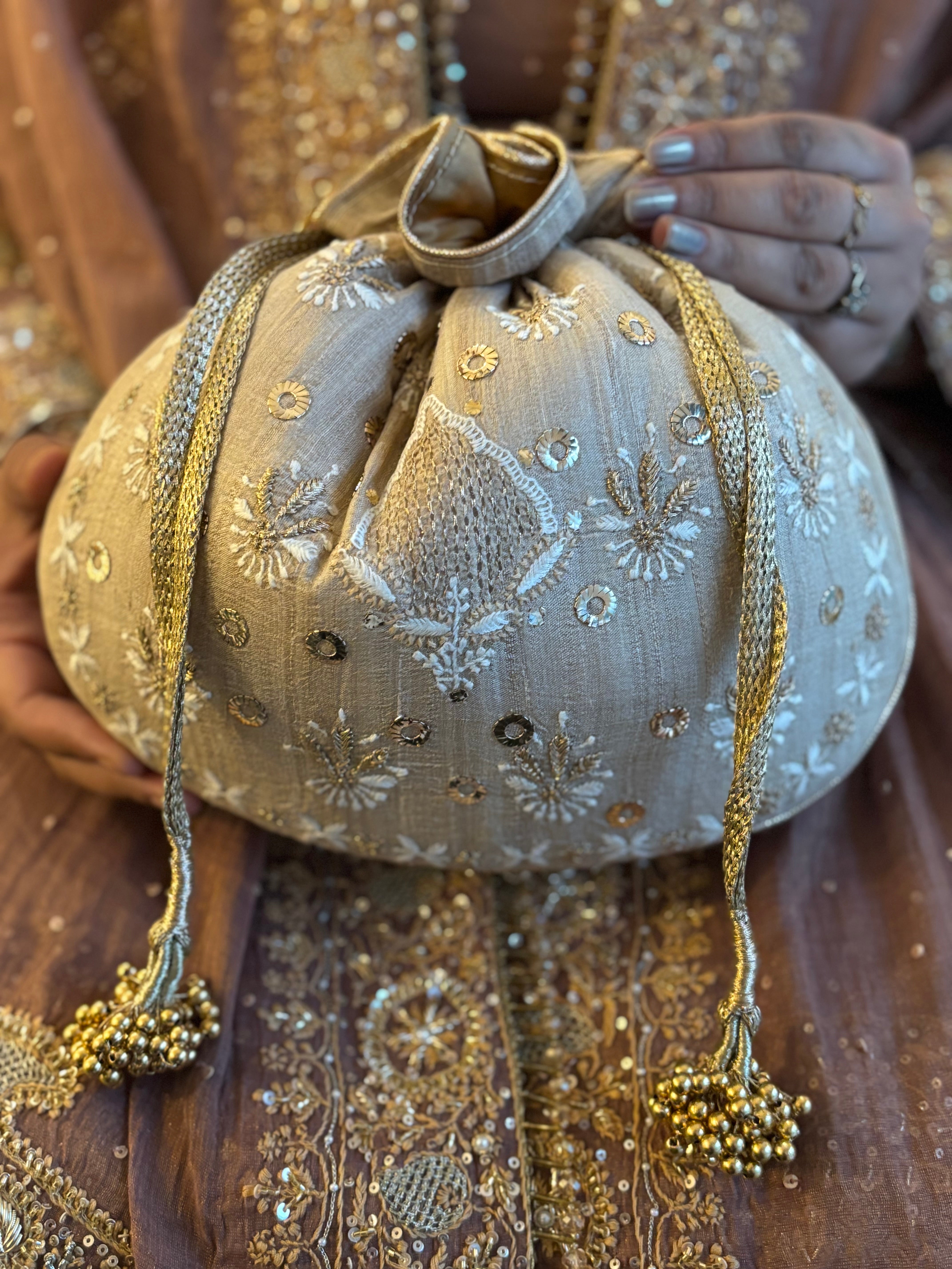 Beige Chikankari and Mukaish Batua