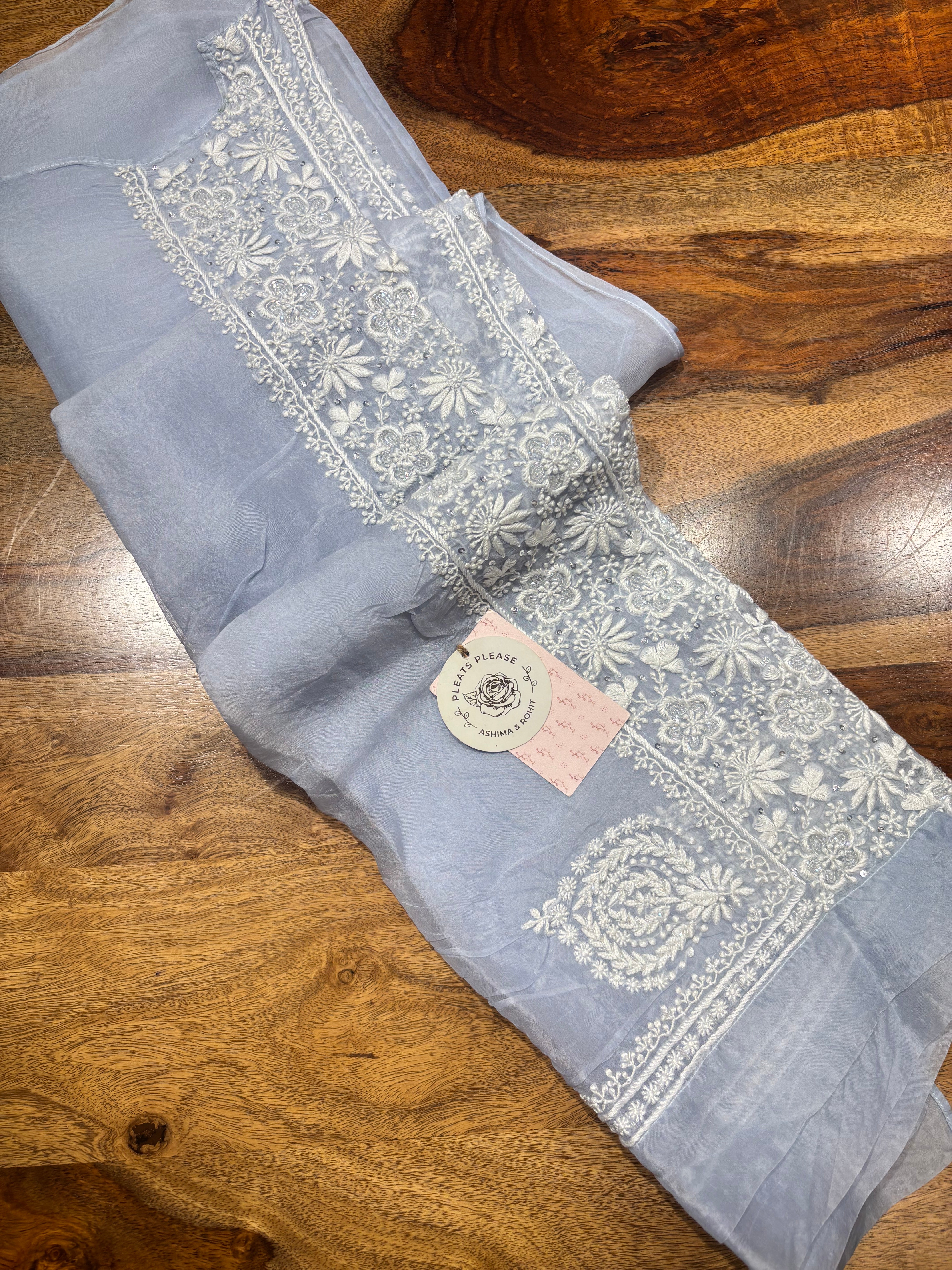 Tealish Blue Pure & Premium Organza Silk Chikankari Co-ord Set