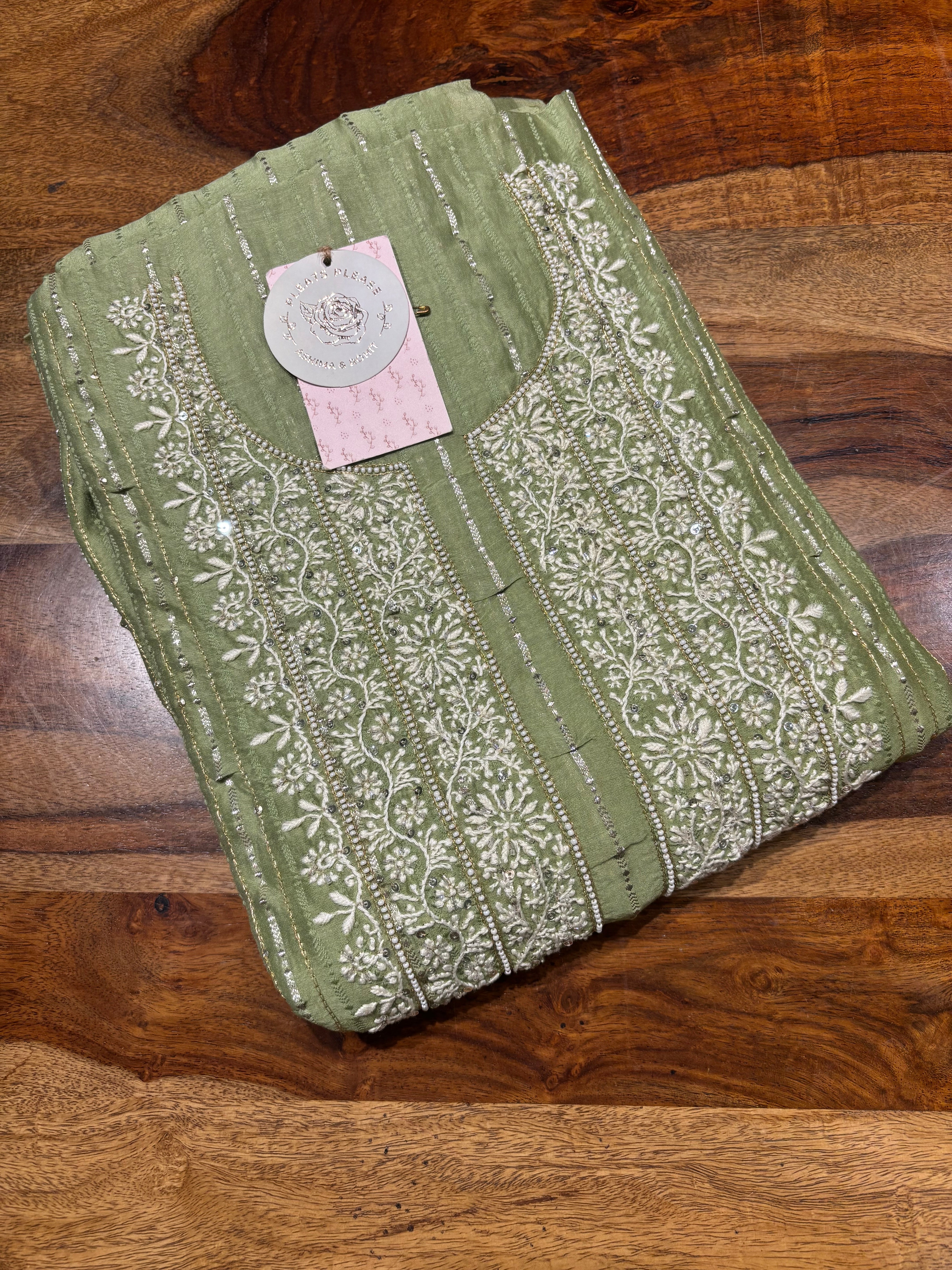 Green Chanderi Silk Chikankari Men’s Kurta Fabric