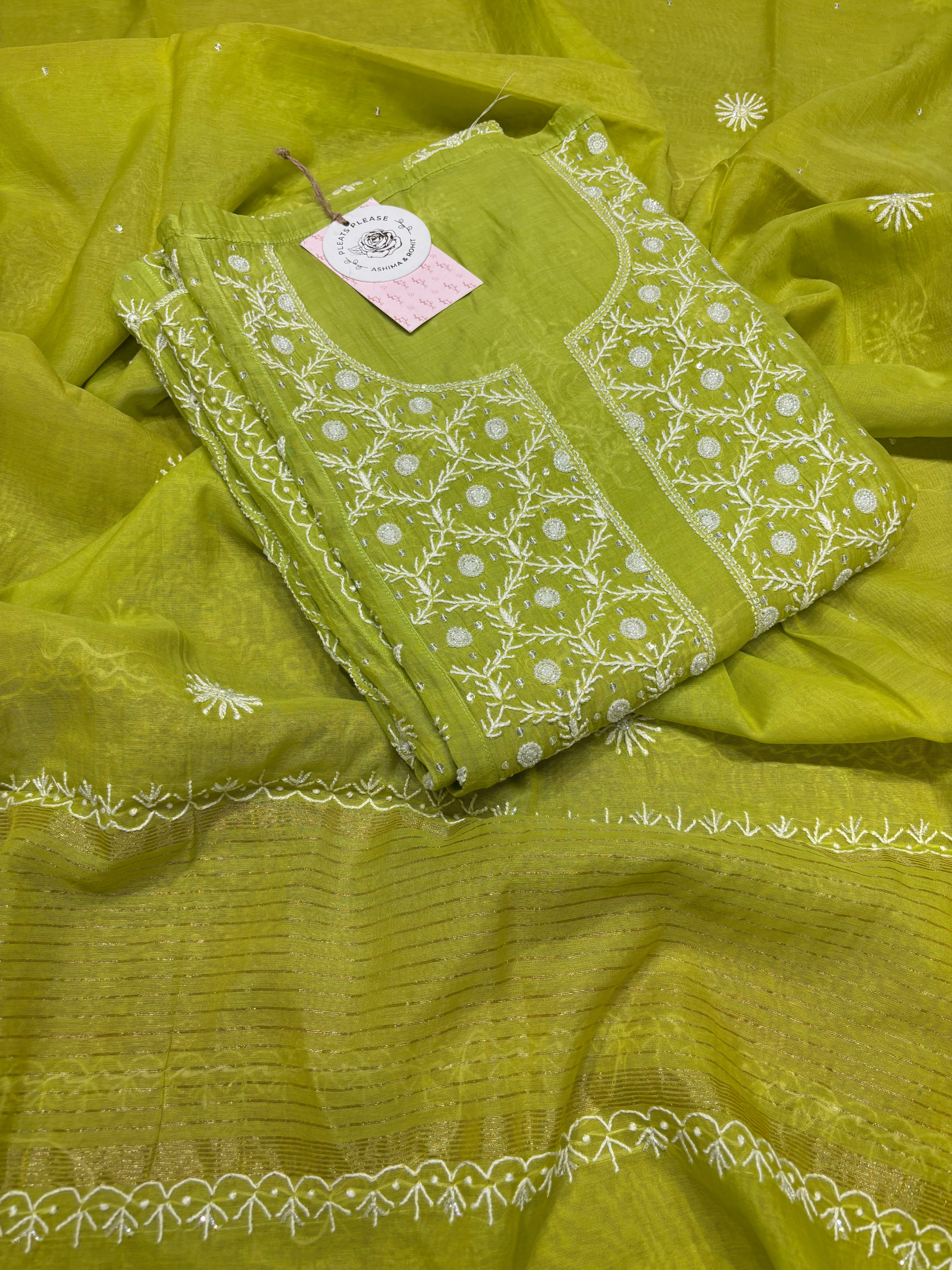 Green Apple Mist Chanderi Mul Chikankari Anarkali And Dupatta Set