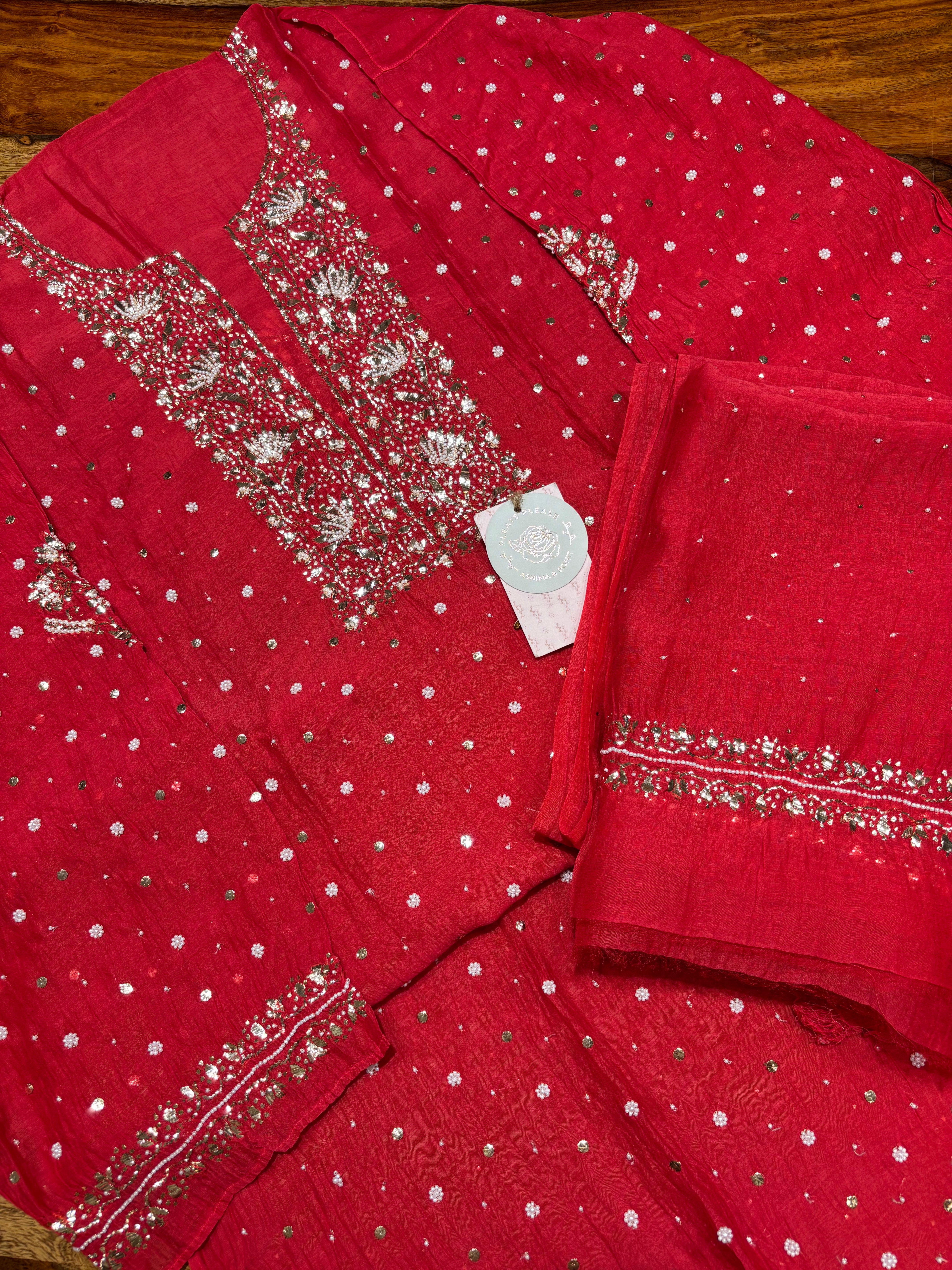Red Chanderi Mul Mukaish Kurta & Dupatta Set