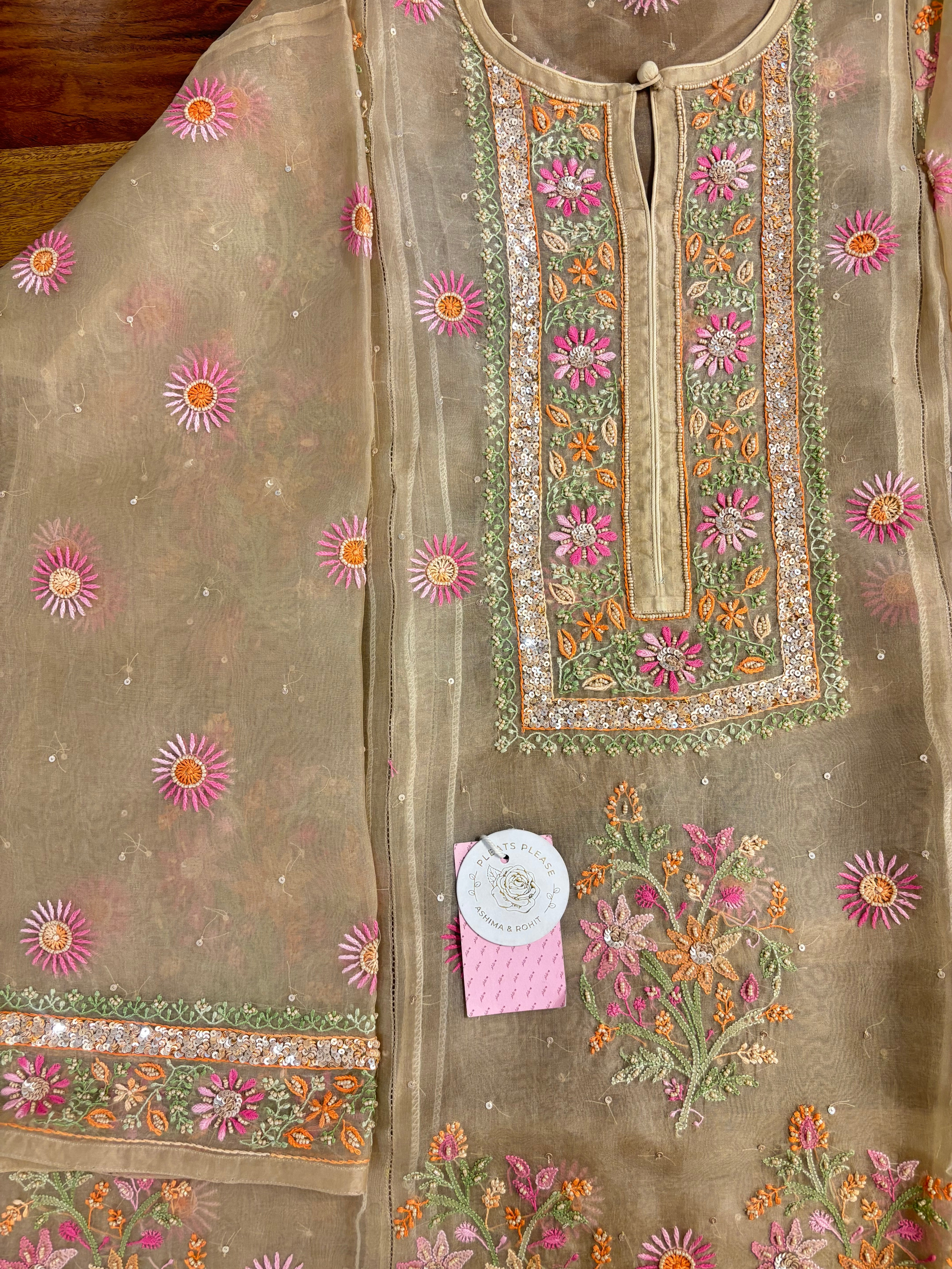 Muddy Gold Pure Organza Silk Chikankari Kurta & Dupatta
