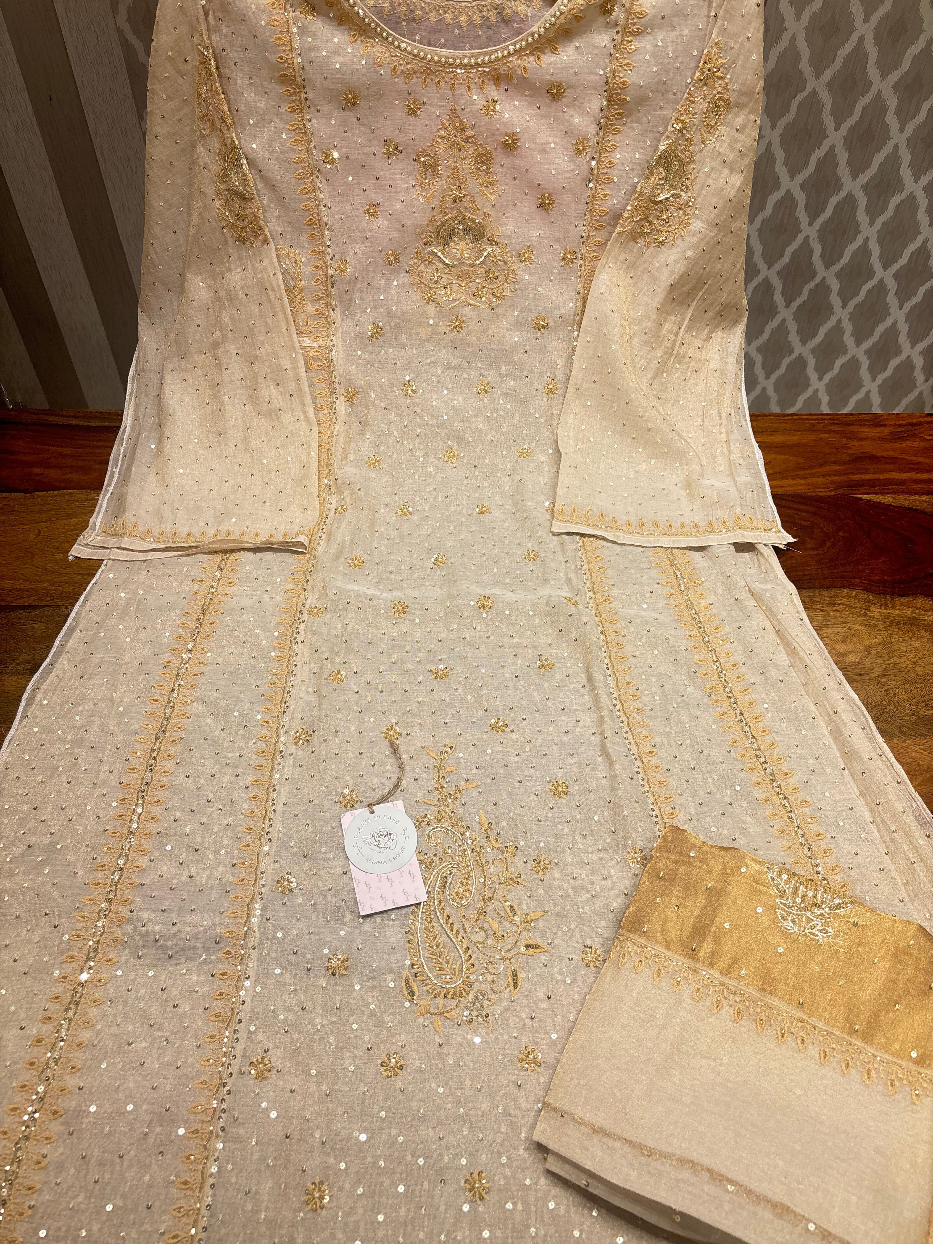 Dyeable Pure Gold Tissue Chikankari A-line Anarkali and Dupatta