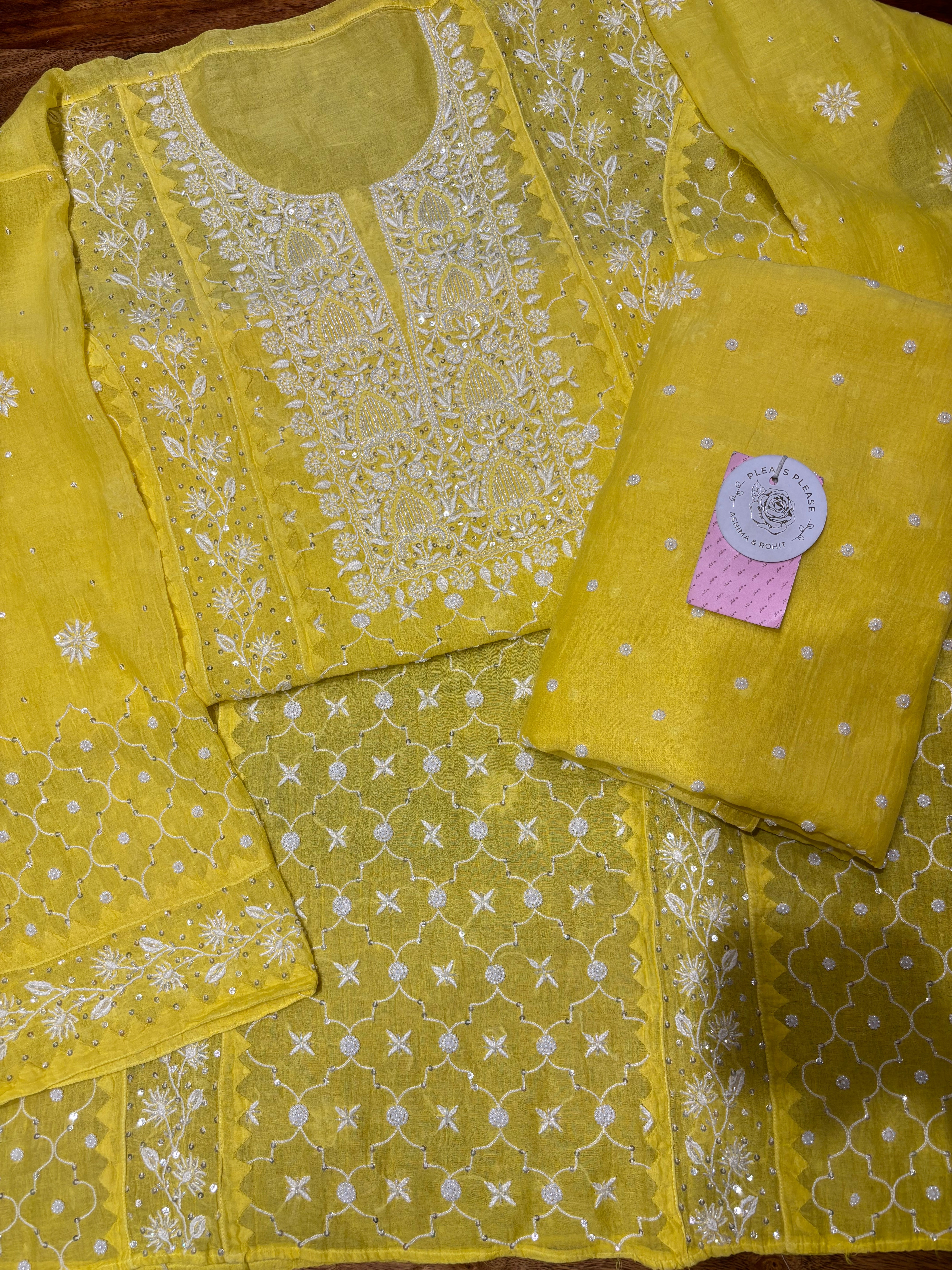 Lemon Yellow Pure Chanderi Chikankari Kurta & Dupatta