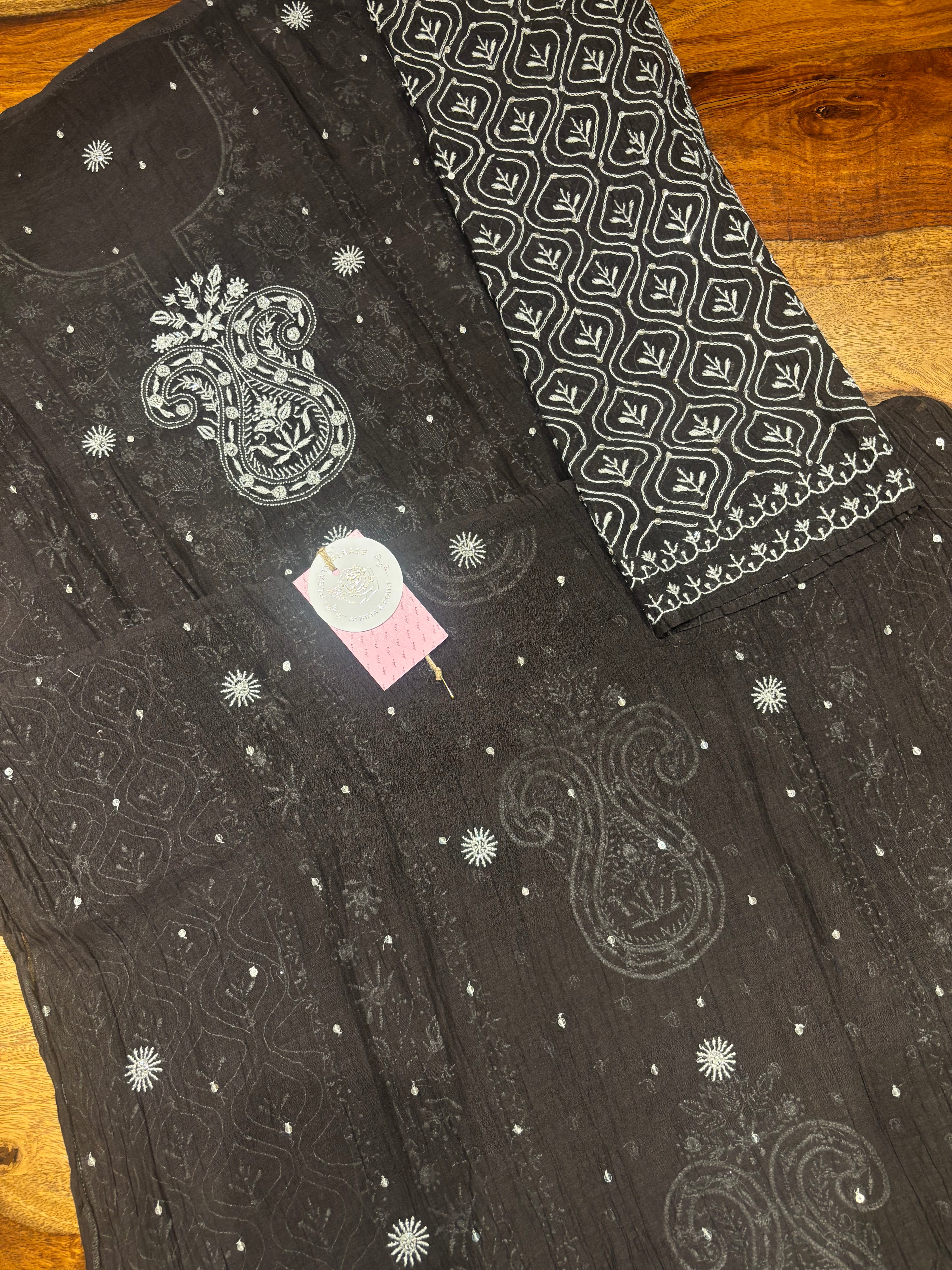 Black Chanderi Mul Chikankari Kurta & Dupatta Set