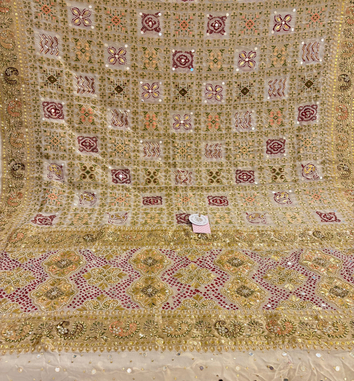 Ivory Bandhej Mirror Zardozi Embellished Dupatta