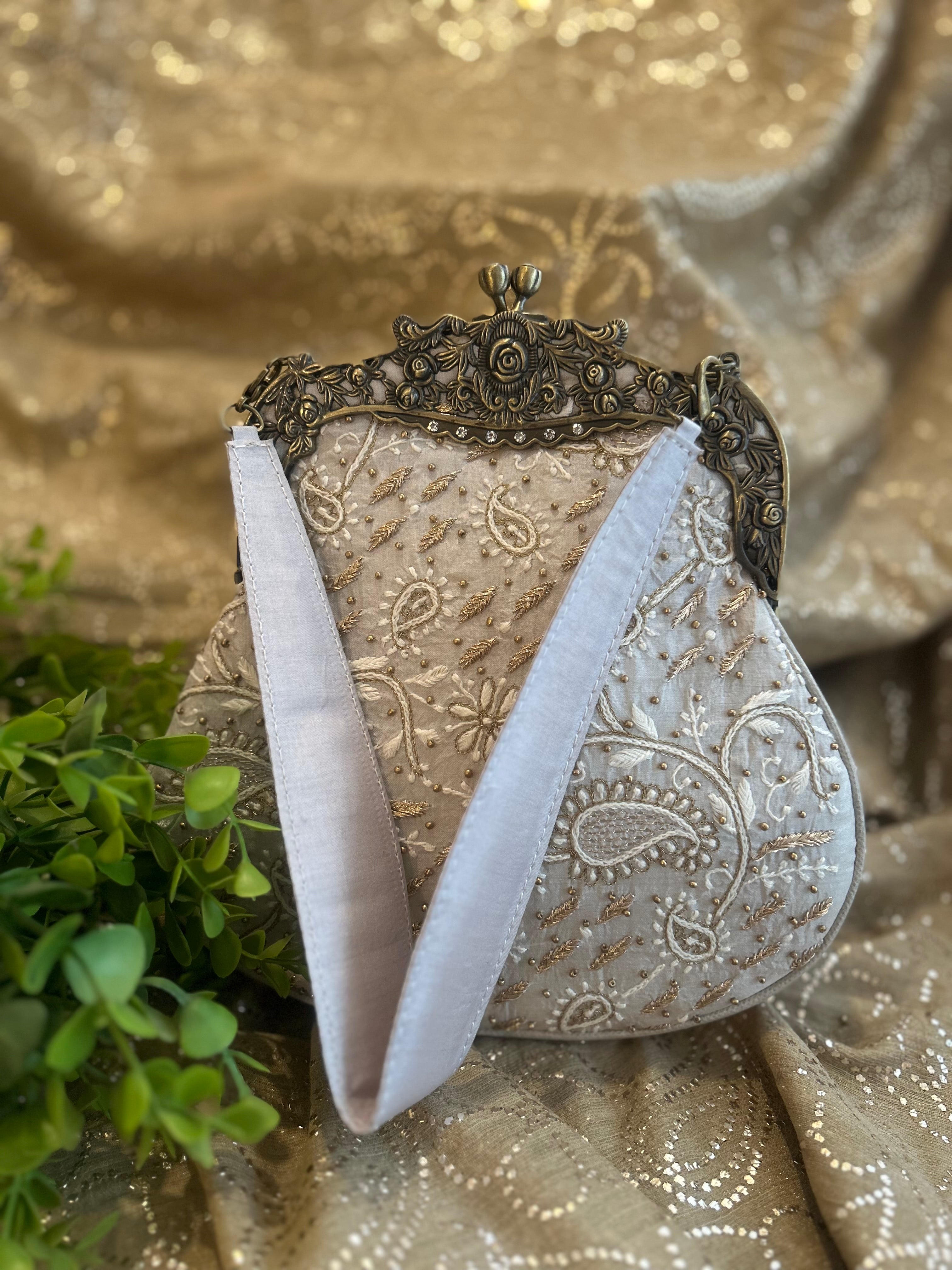 Bottle Grey Chikankari Clutch Bag