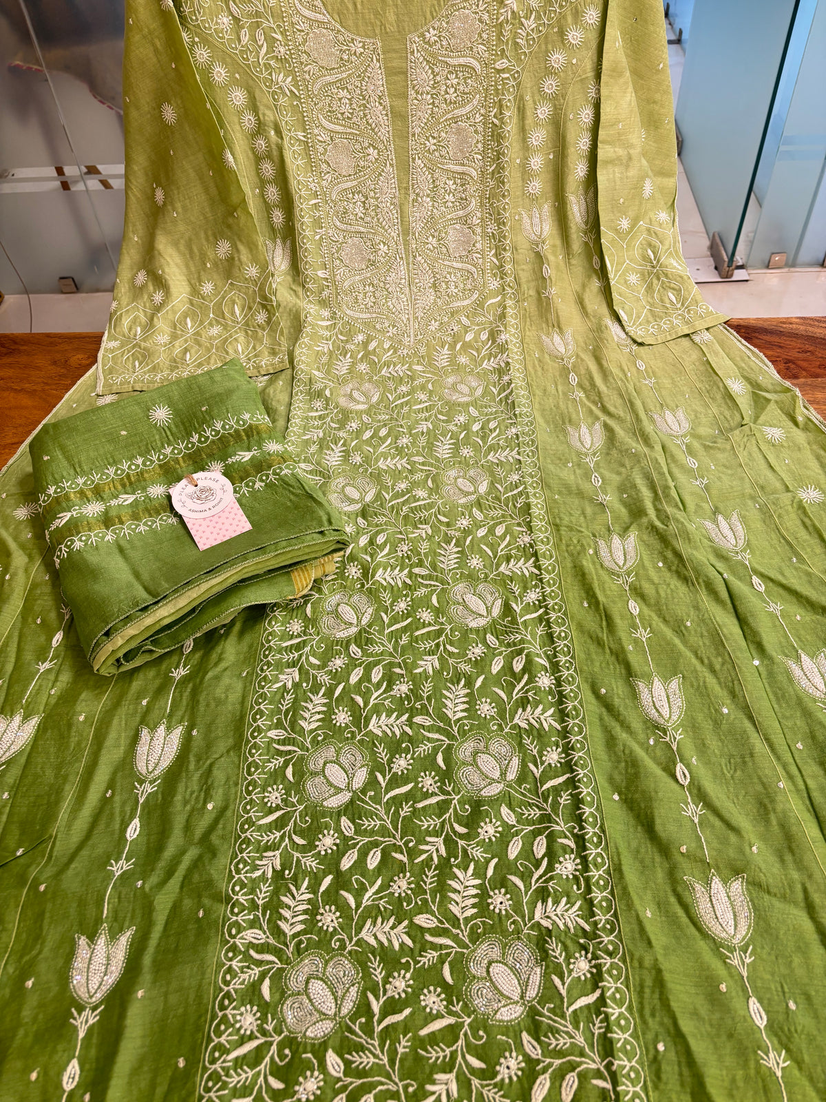 Green Ombré Pure Monga Silk Chikankari Anarkali & Dupatta