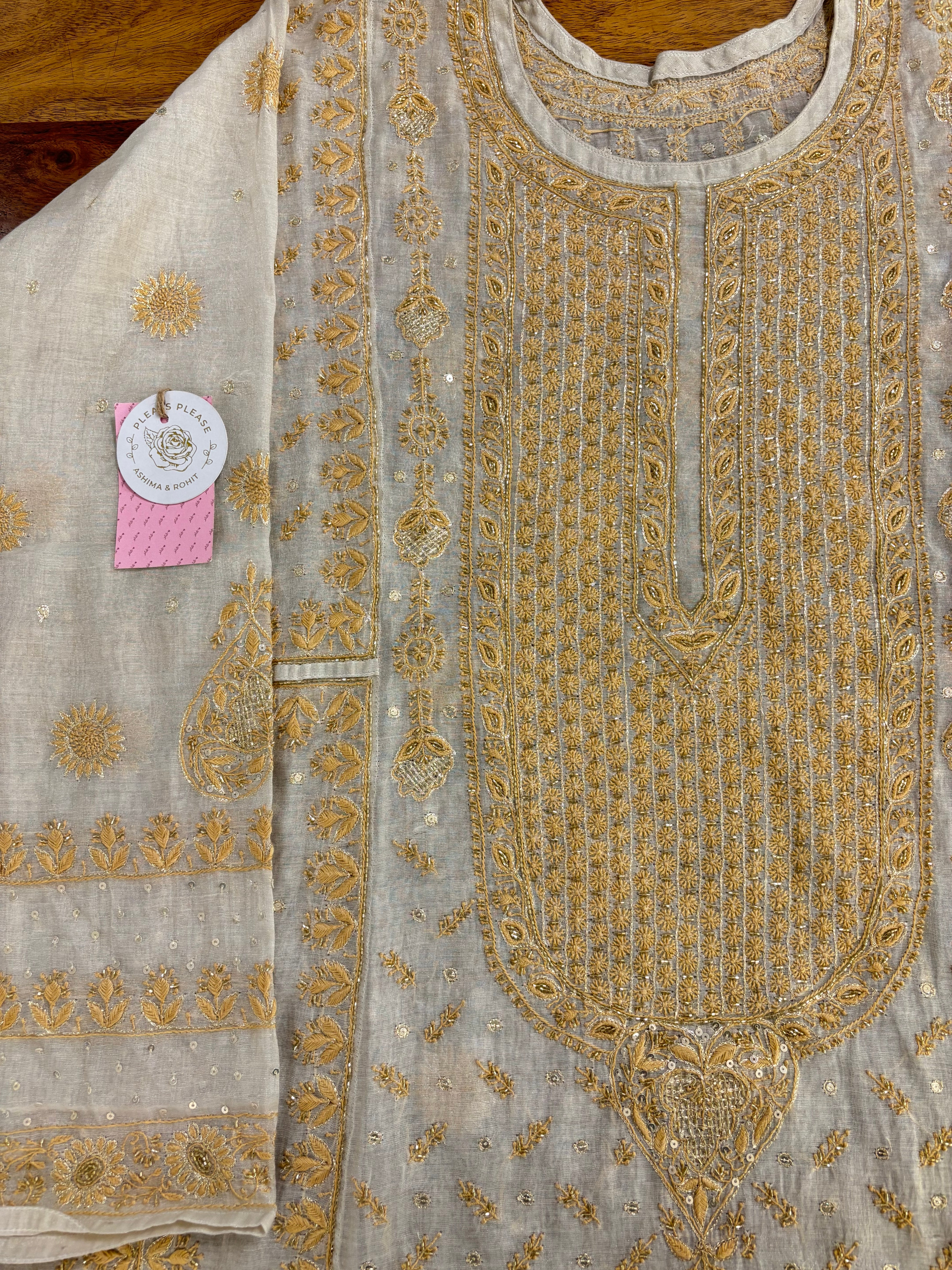 Dyeable Ivory Silver Pure & Premium Tissue Chikankari Kurta & Dupatta