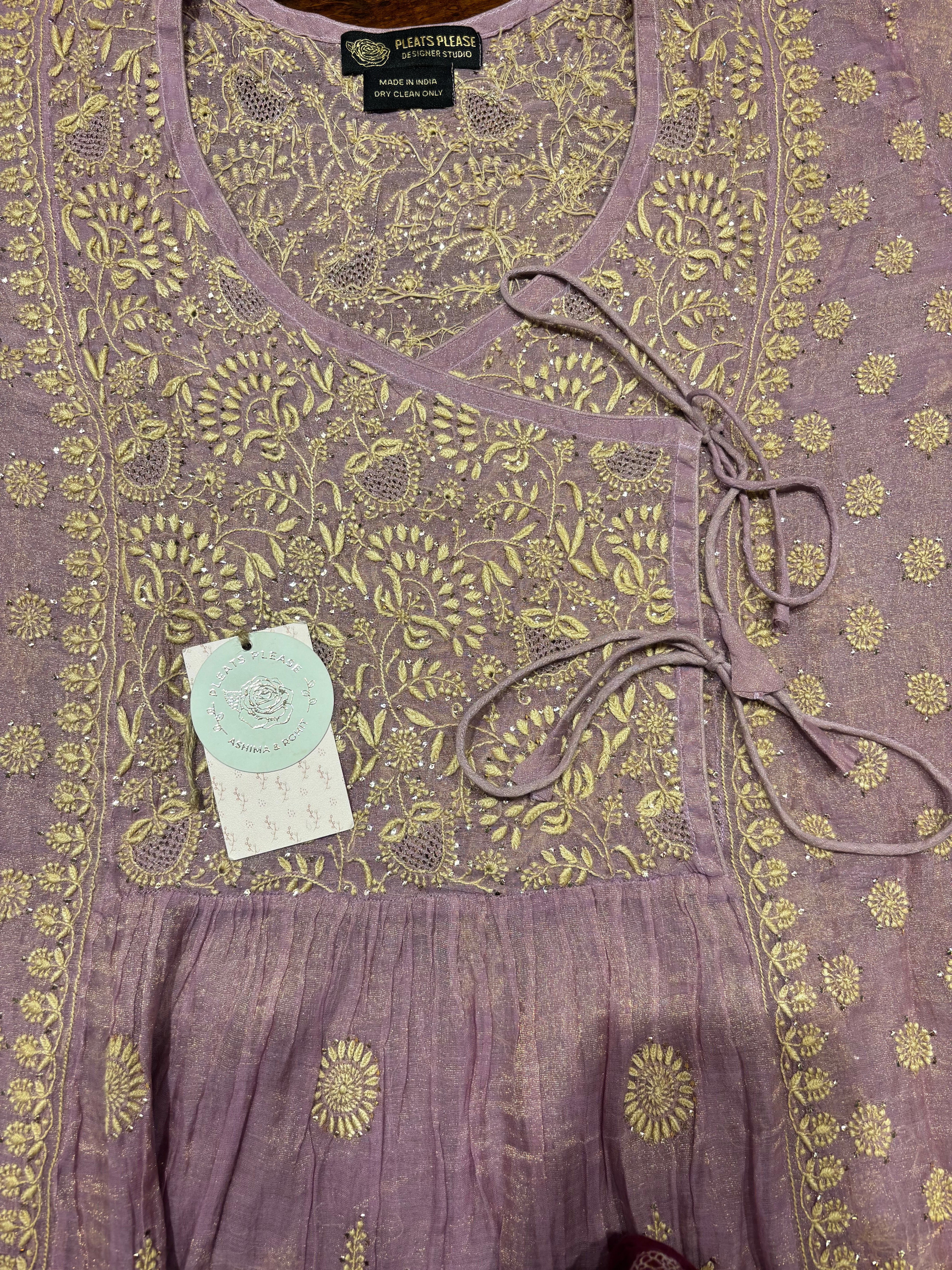 Lilac pure and premium Tissue Chikankari Angrakha Kurta and Dupatta Set
