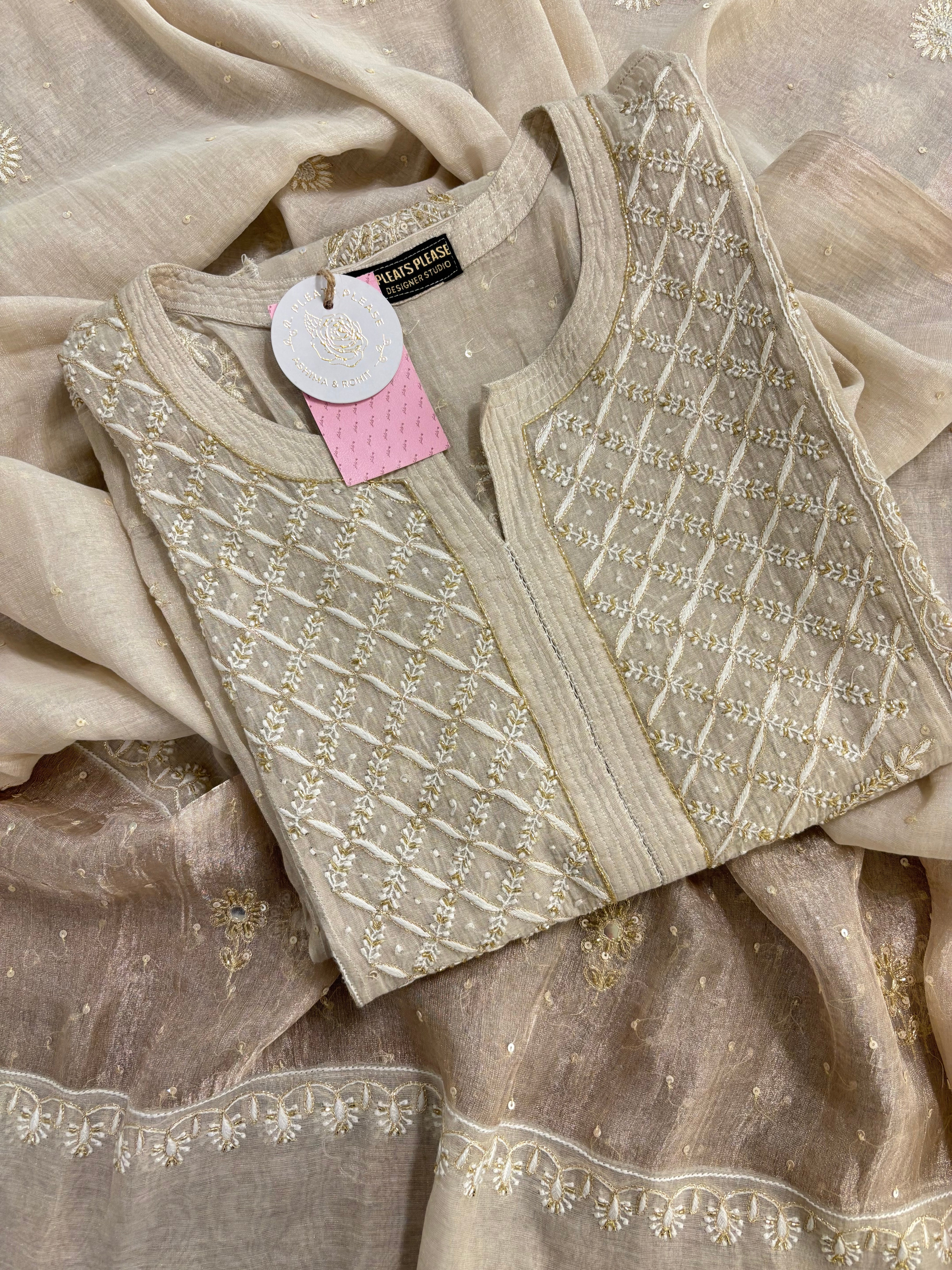 Dyeable Ivory Silver Pure & Premium Tissue Chikankari Kurta & Dupatta