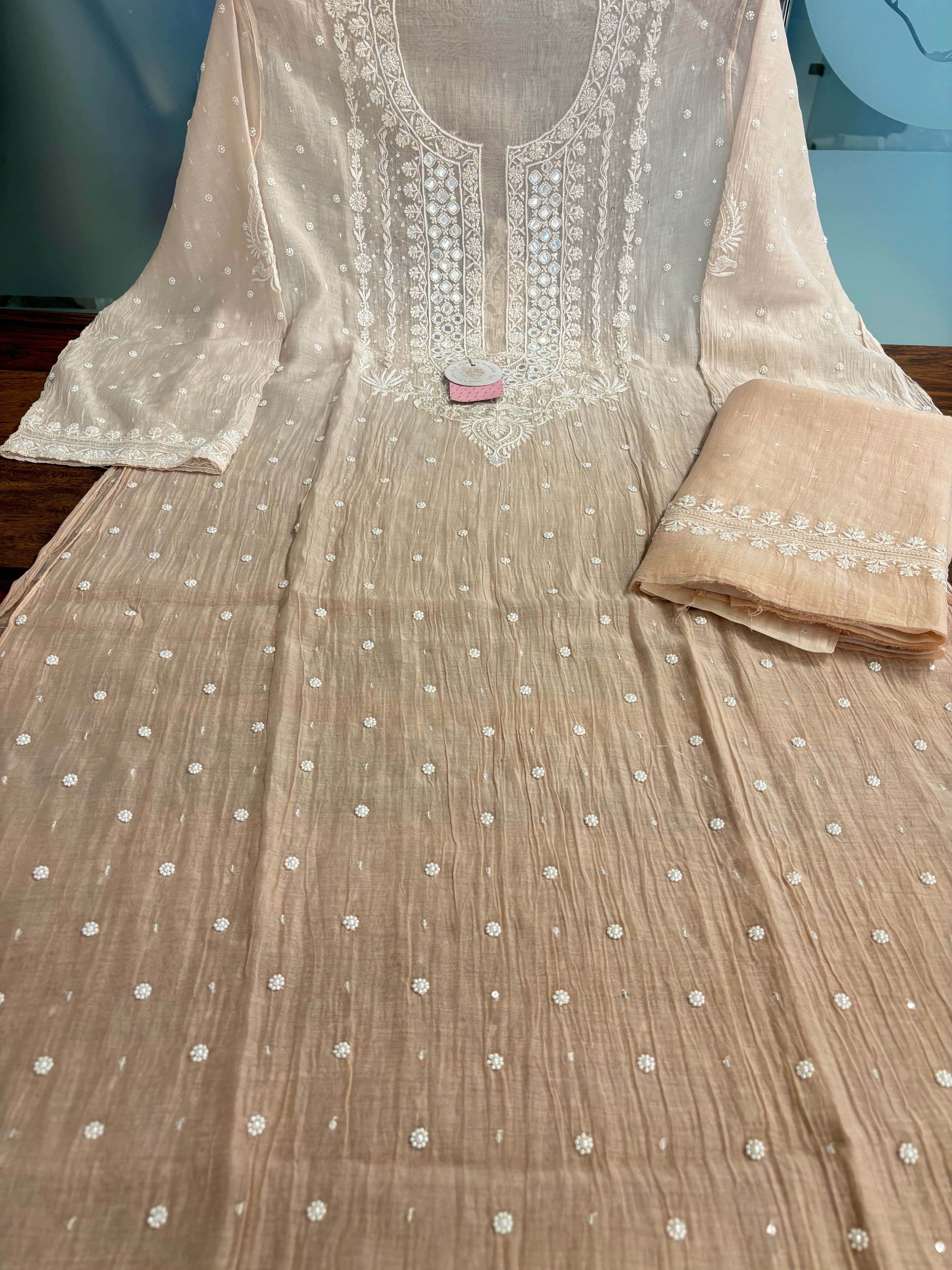 Champagne Pure Chanderi Ombre Chikankari Kurta & Dupatta