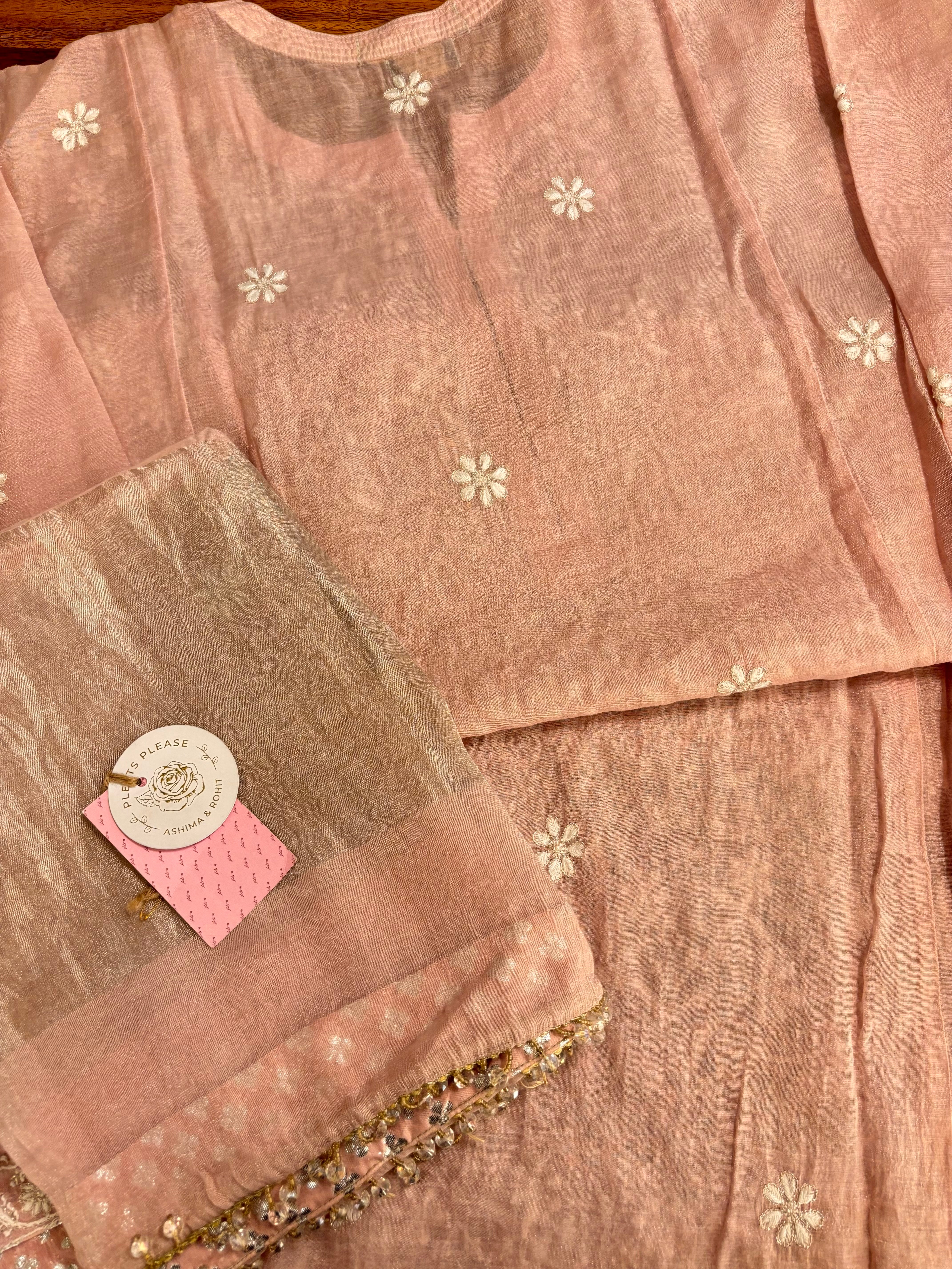 Blush Pink Pure Tissue Chikankari Kurta & Dupatta
