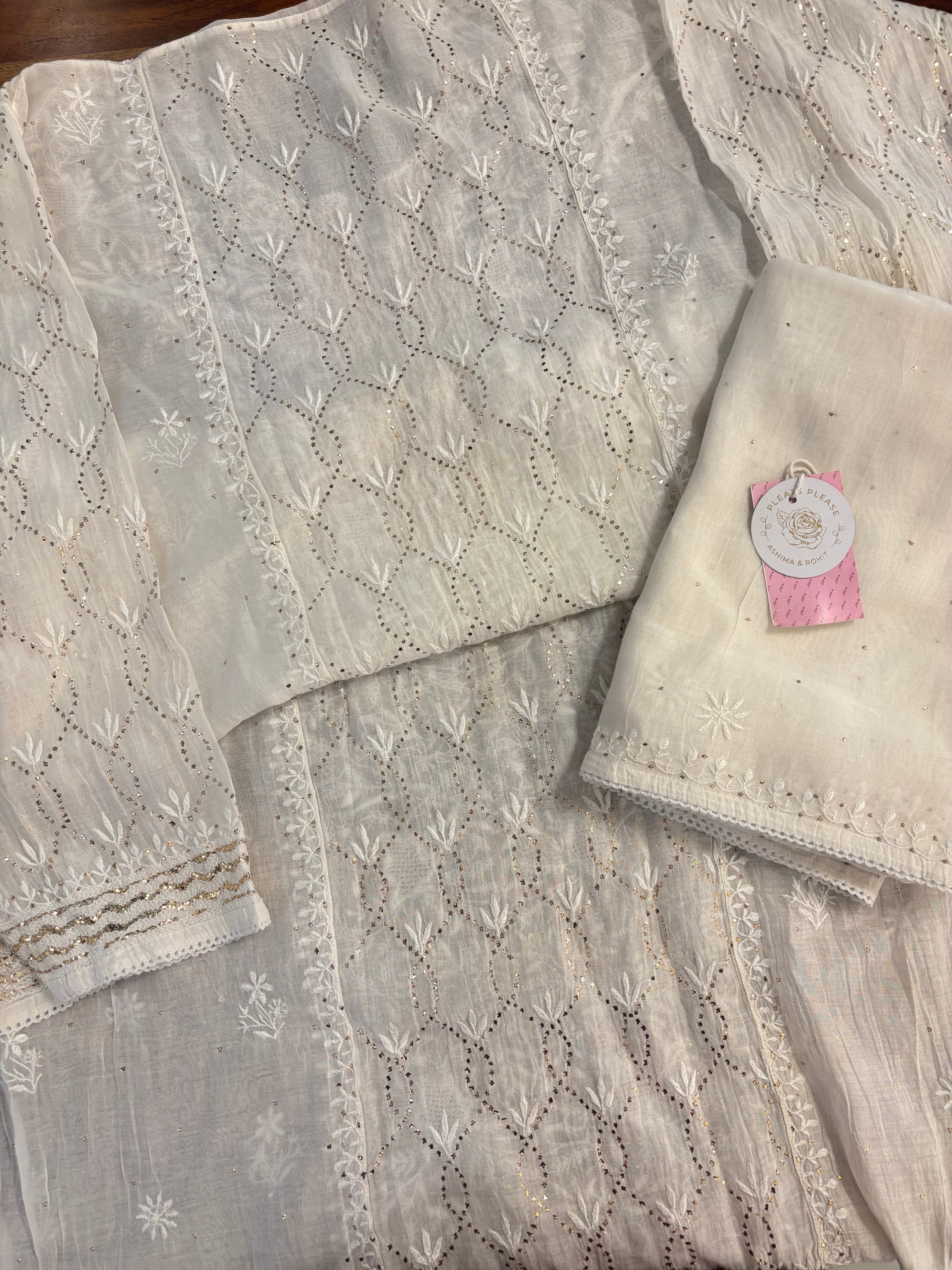 Dyeable Chanderi Chikankari Mukaish Kurta & Dupatta - Pleats PleaseChikankari