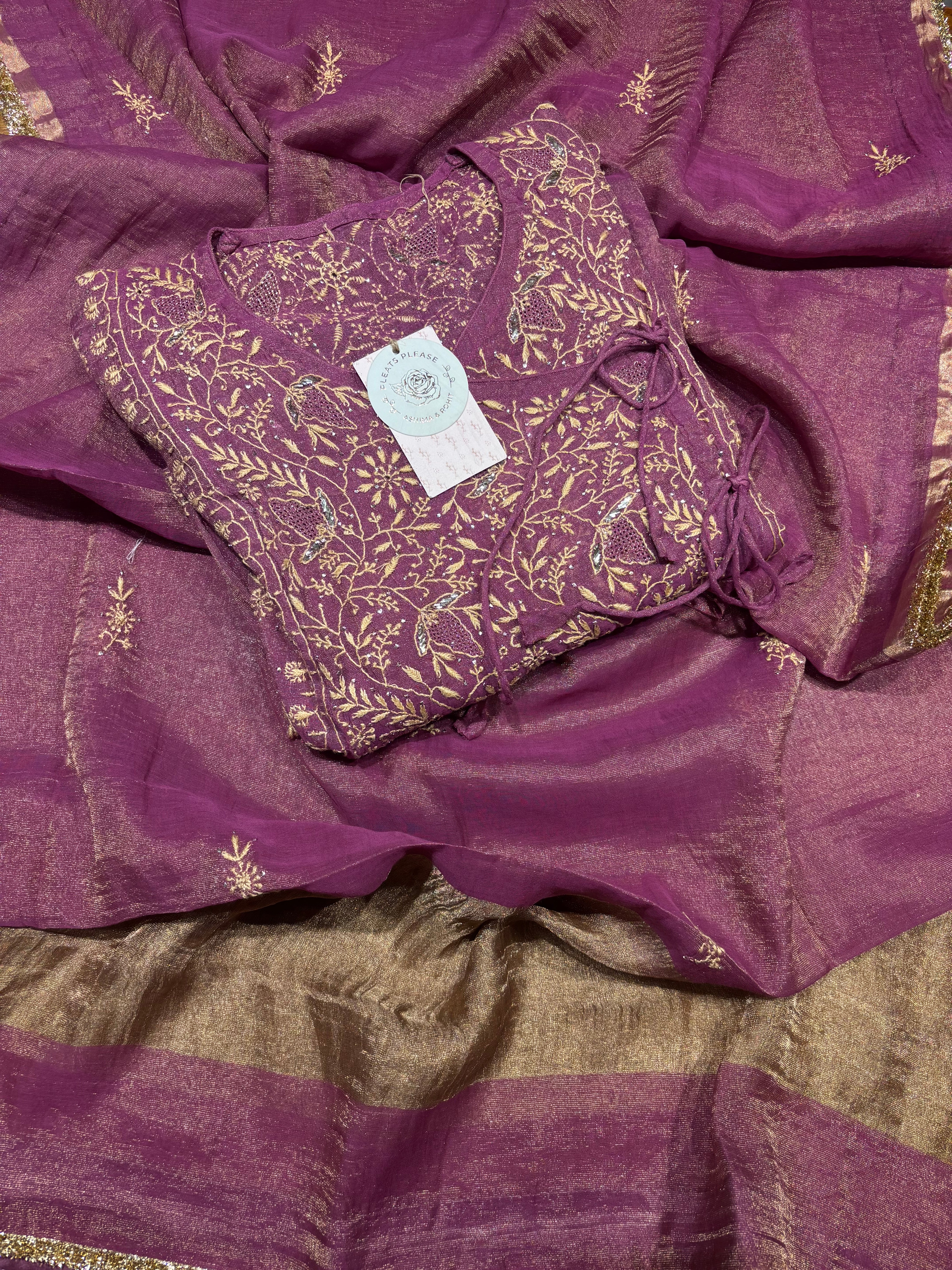 Purple Pure & Premium Tissue Chikankari Angrakha Kurta and Dupatta set